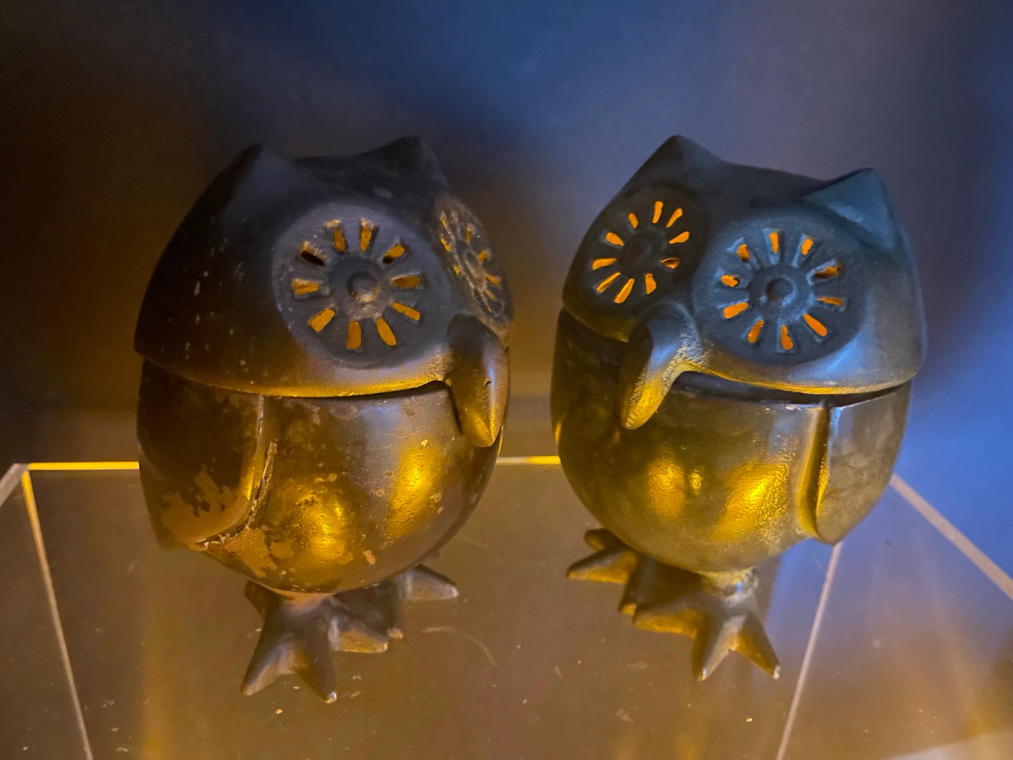 Hand-Crafted Japanese Pair Hook Nose Owl Lantern Censers  