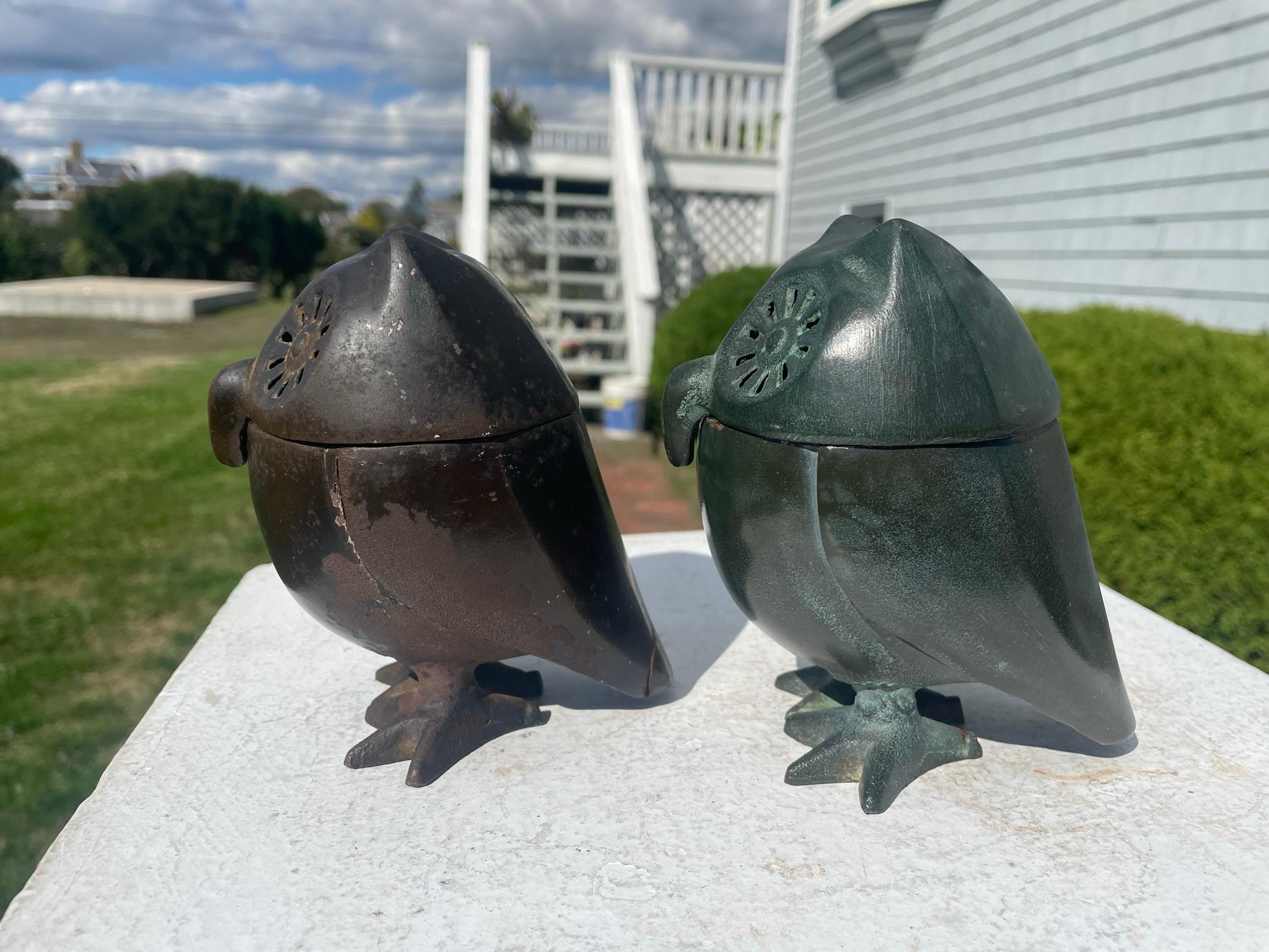 Bronze Japanese Pair Hook Nose Owl Lantern Censers