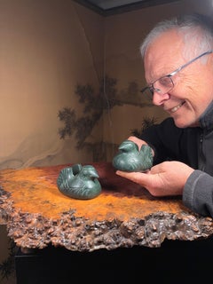 Japanese Antique Pair Jade Green Mandarin Duck Screen Holders