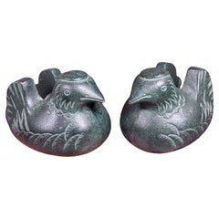 Japanese Antique Pair Jade Green Mandarin Duck Screen Holders