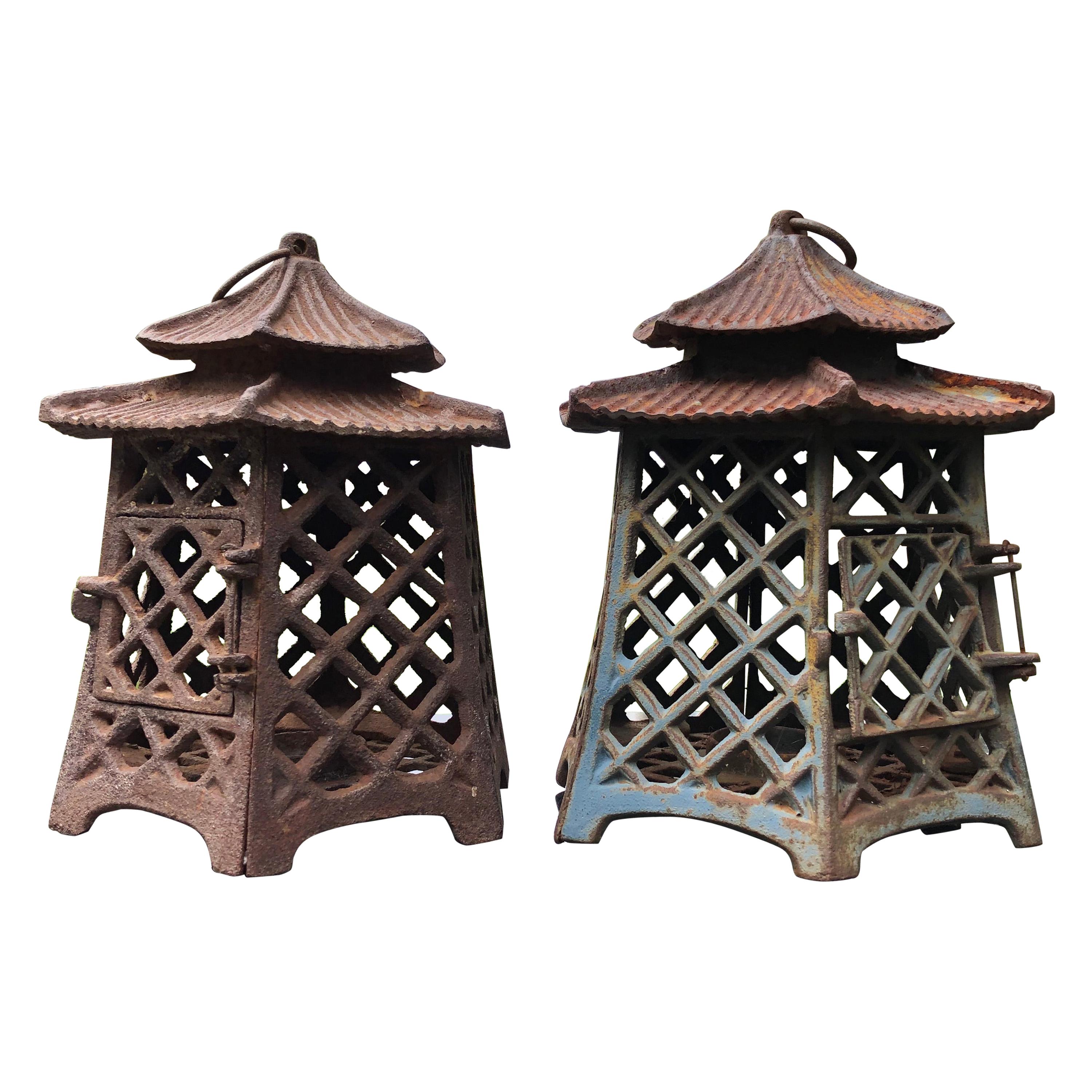 Japanese Antique Pair Lanterns "Double Pagoda" Motif, Rare Find