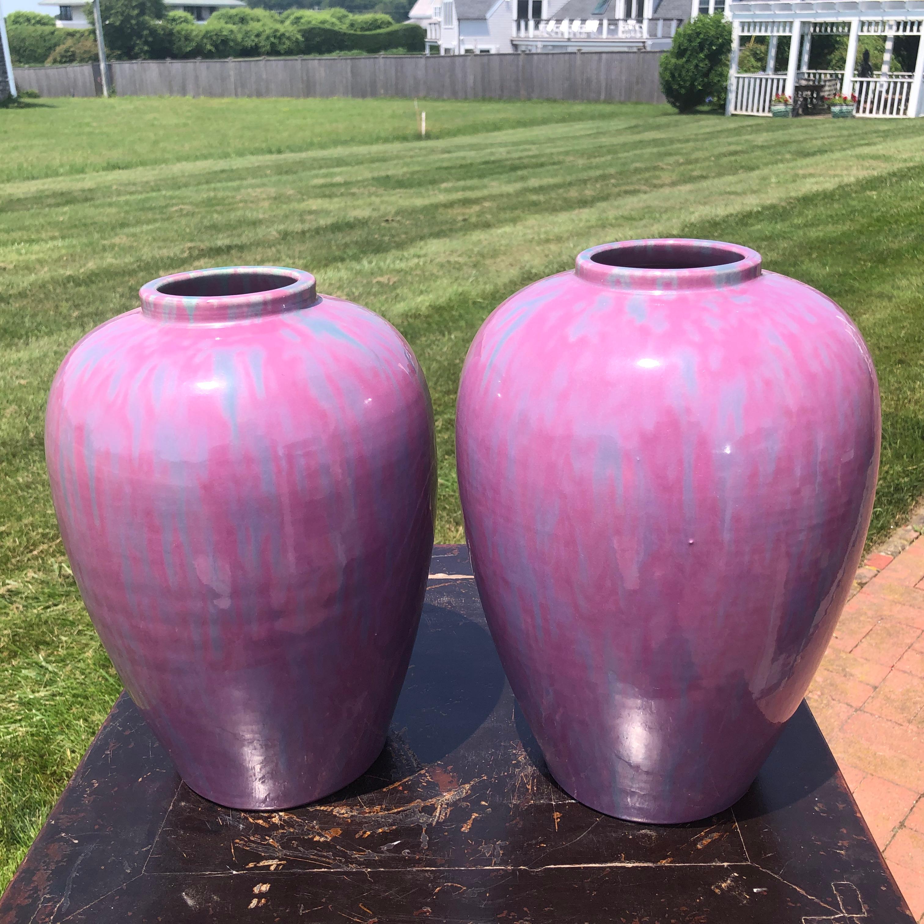 Taisho Japanese Antique Pair Lavender Flambe Vases For Sale