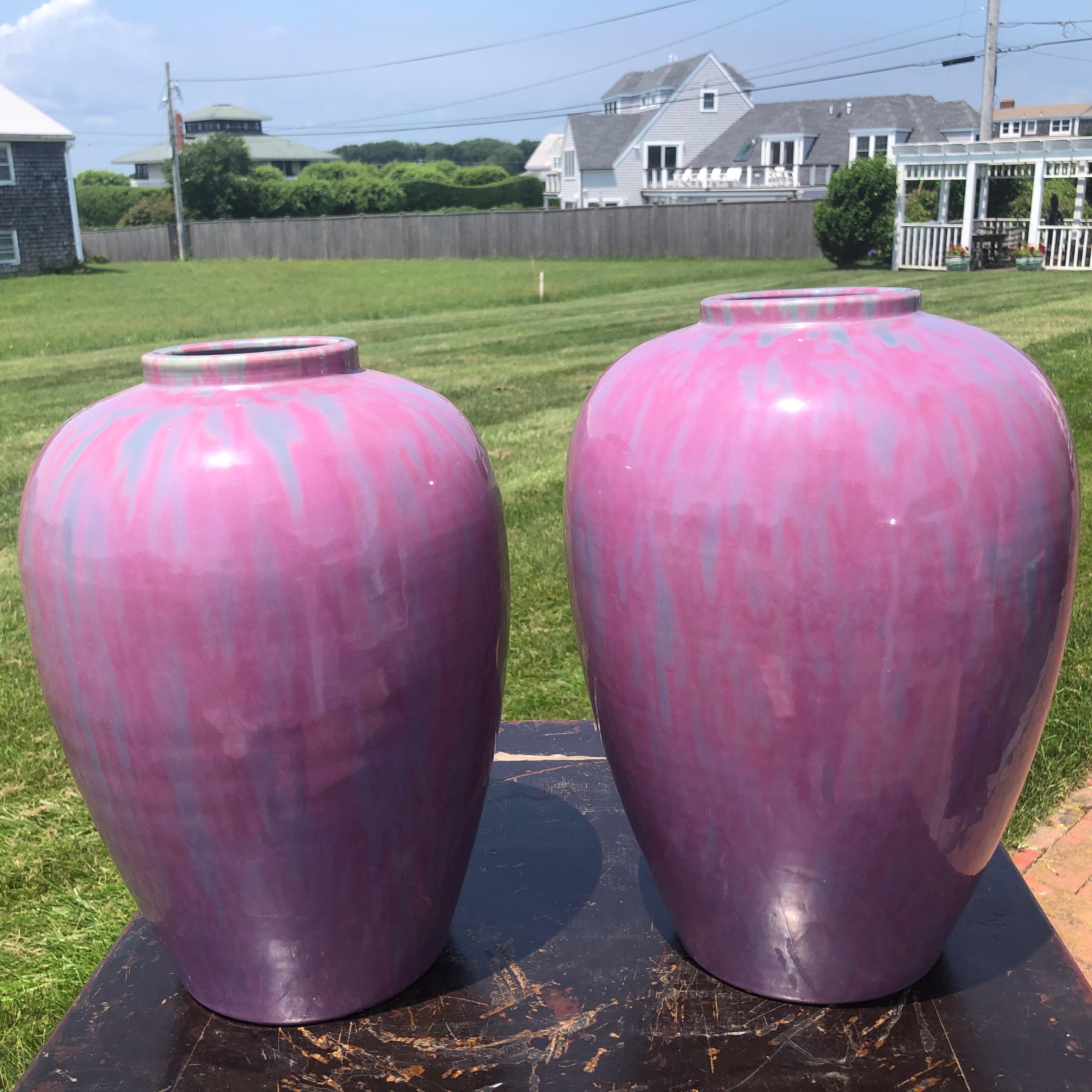 Ceramic Japanese Antique Pair Lavender Flambe Vases For Sale