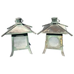 Japanese Antique Pair of Fine Copper Pendant Lantern Light Fixtures