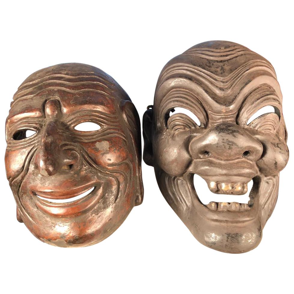 Japanese Antique Pair of Noh Masks with Fine Details, Signed, 19th Century