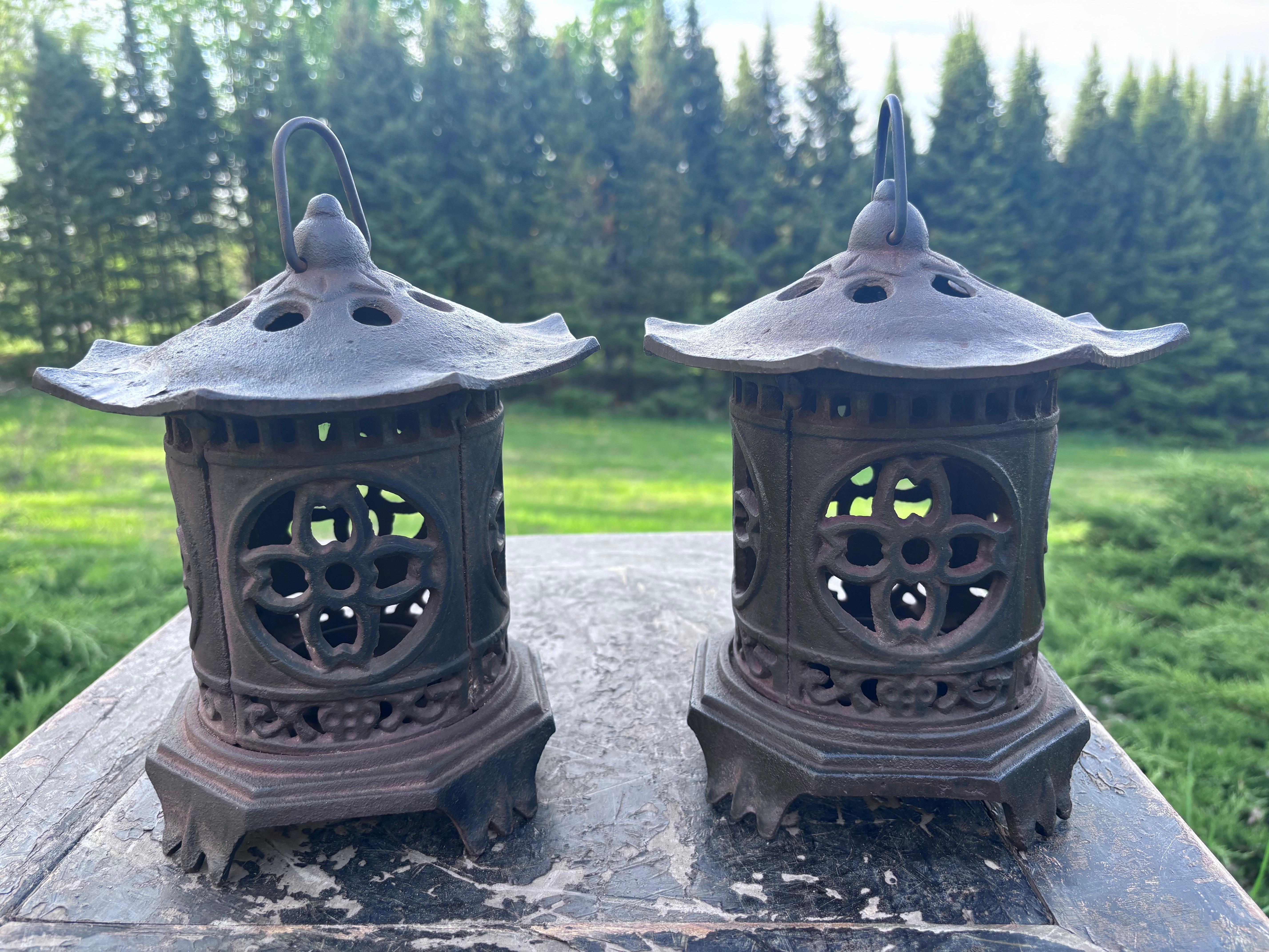 Taisho Japanese Antique Pair Pagoda Roof Lighting Lanterns With Flower Form Side Panels