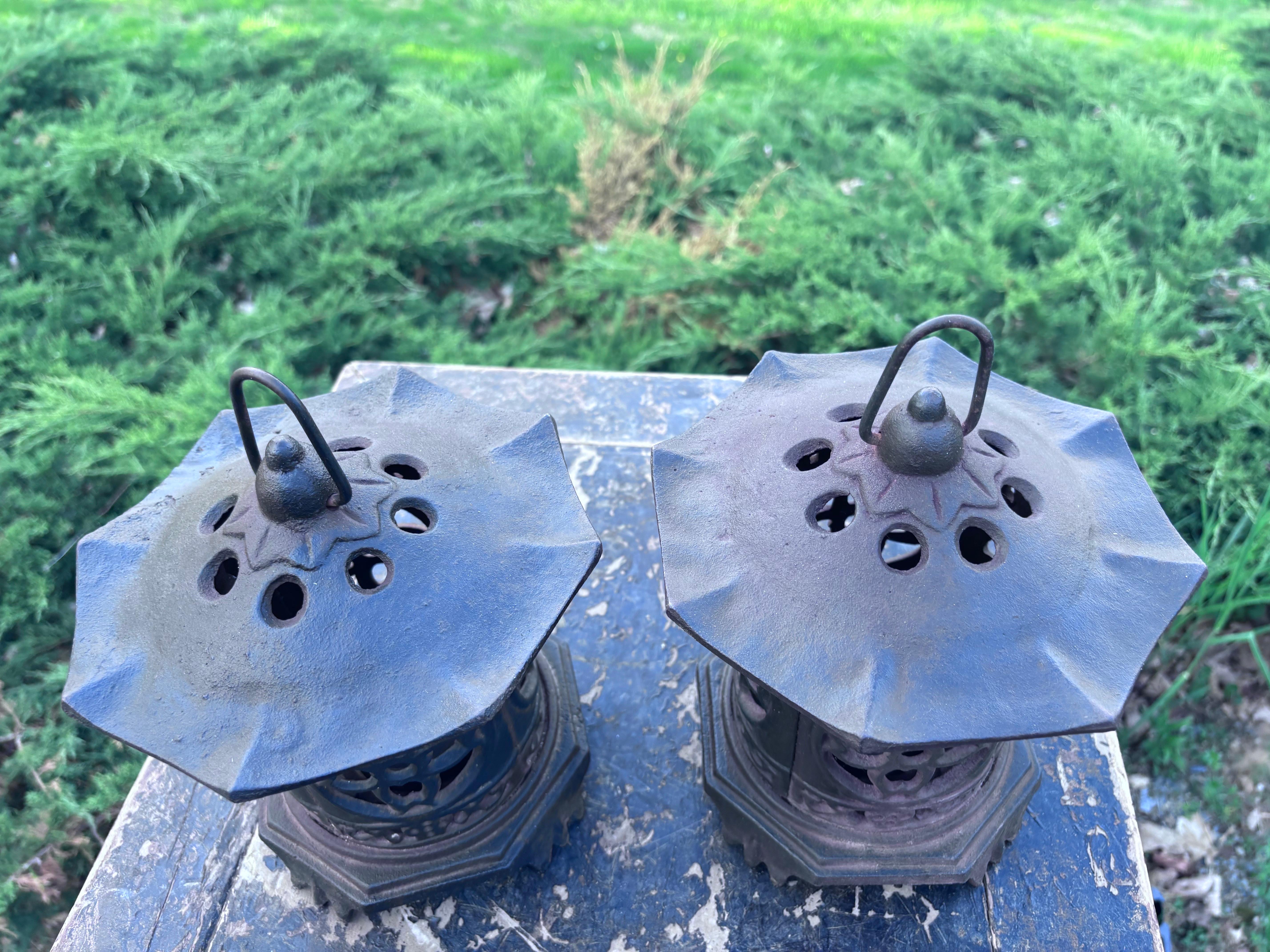 Iron Japanese Antique Pair Pagoda Roof Lighting Lanterns With Flower Form Side Panels