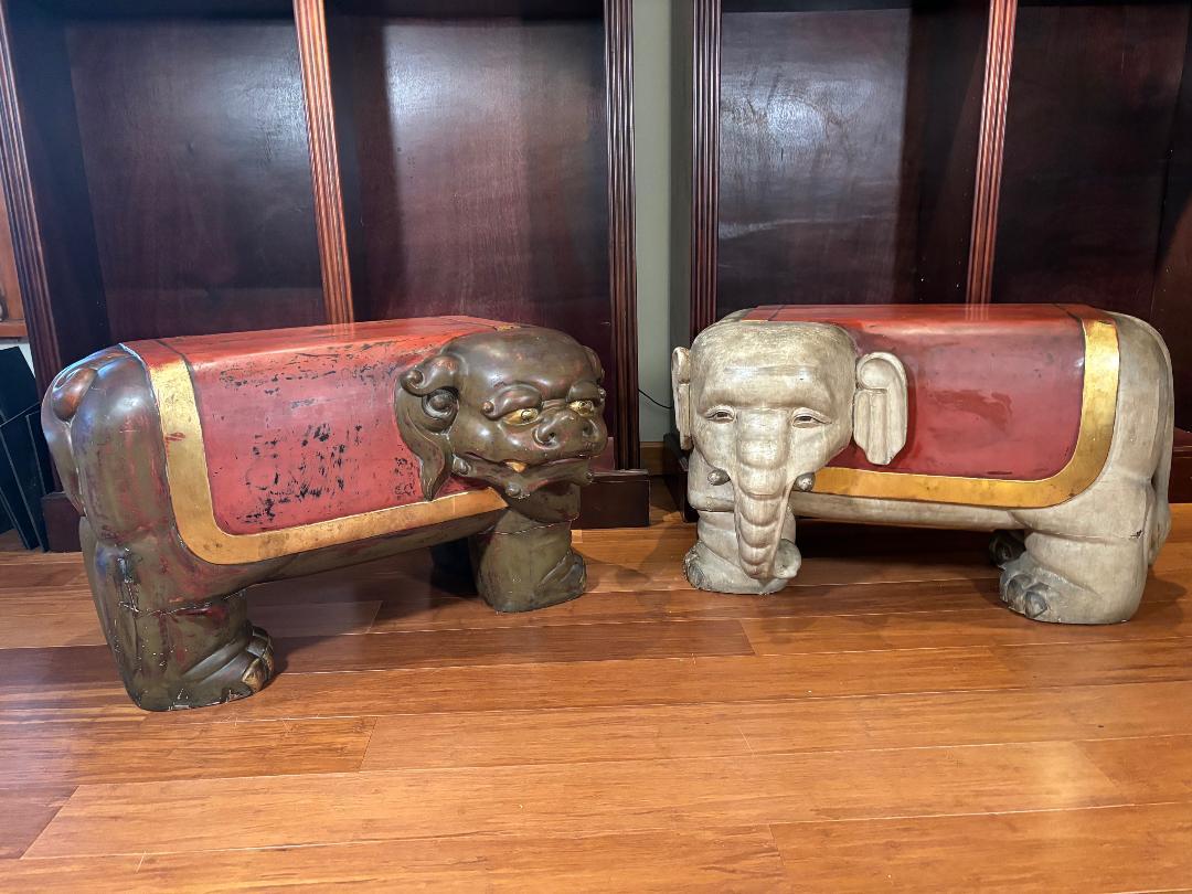 Here's a wonderful find from our acquisitions trip to Japan.

We were fortunate  to find this Art Deco period pair (2) matching hand-carved, hand red lacquered and gilt embellished temple wooden benches. The white elephant bench and matching shi-shi