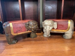 Japanese Antique Pair Large Red And Gilt Elephant And Lion Temple Benches, 1925