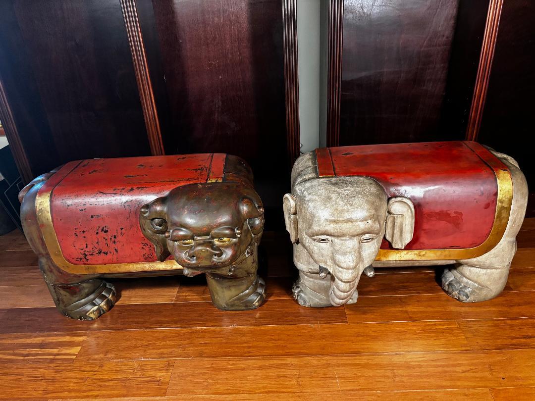 Taisho Japanese Antique Pair Large Red And Gilt Elephant And Lion Temple Benches, 1925 For Sale