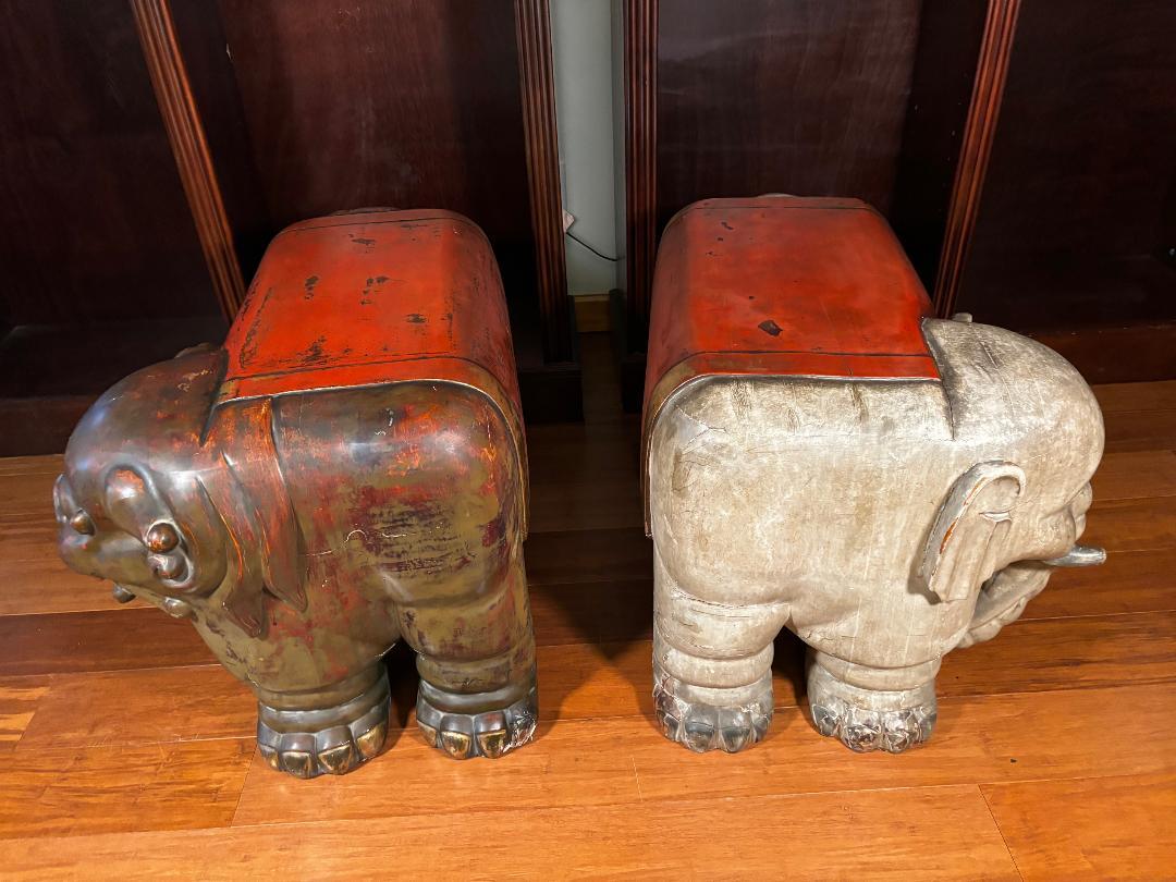 Textile Japanese Antique Pair Large Red And Gilt Elephant And Lion Temple Benches, 1925 For Sale