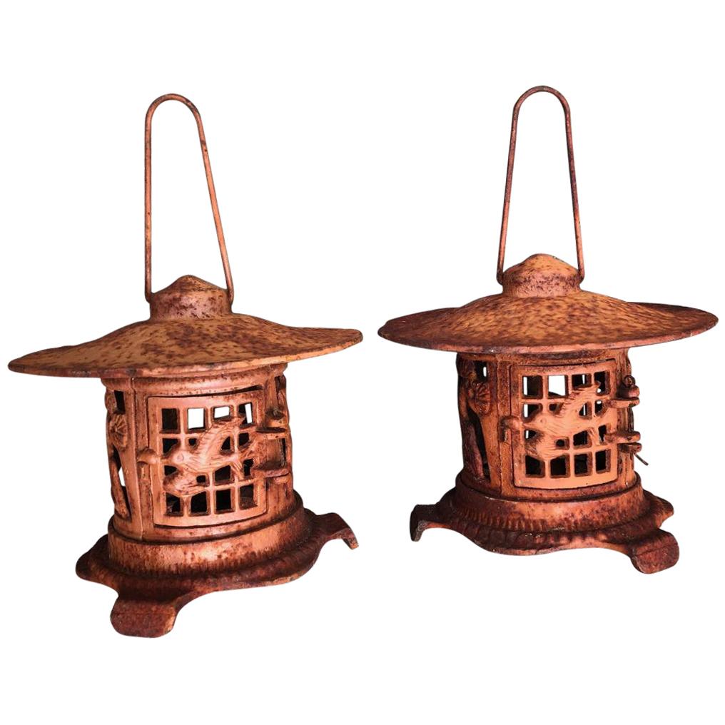 Japanese Tea Garden "Bird & Bamboo" Lanterns Pair, Burnt Orange Patina