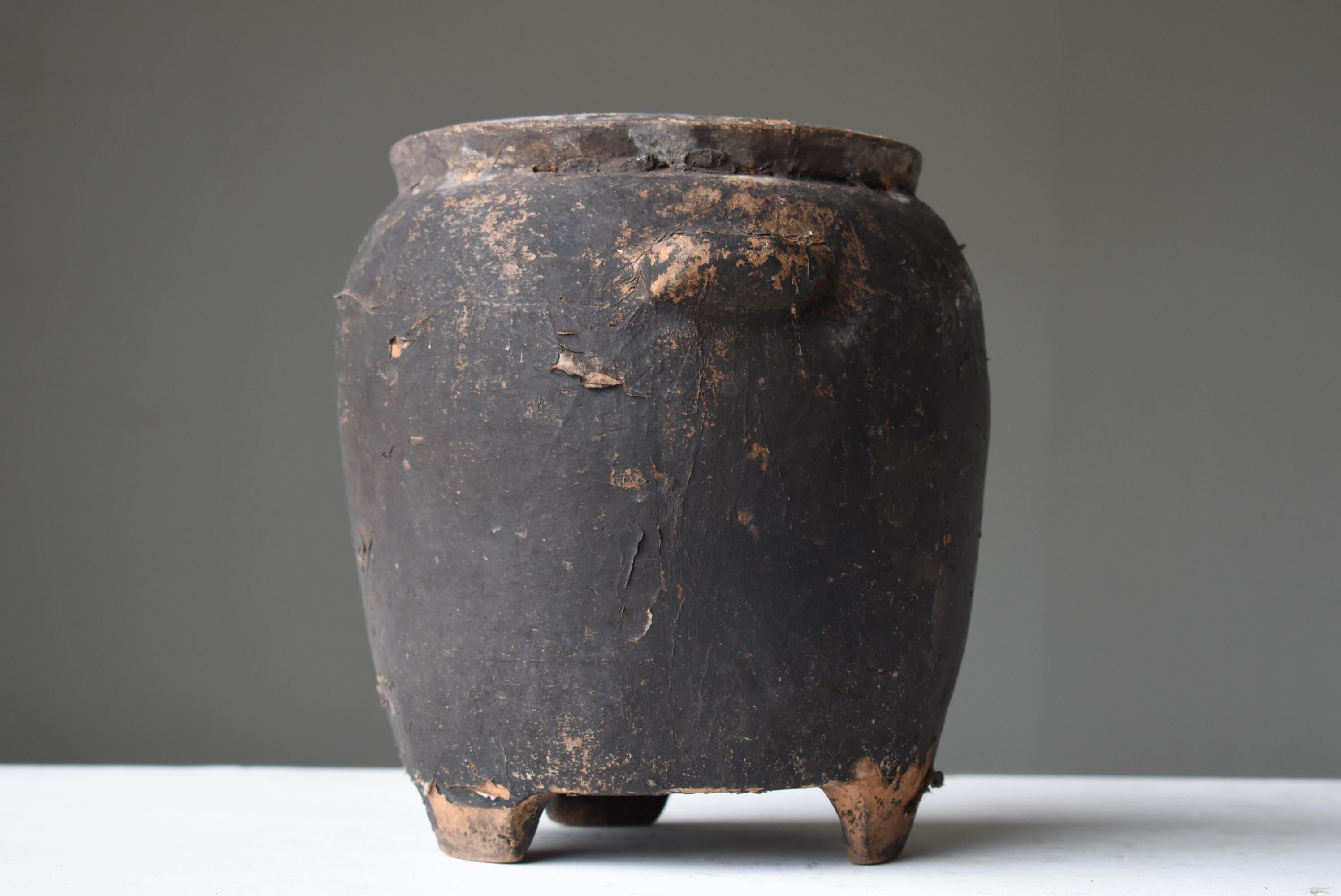Japanese Antique Paper-Covered Pottery Jar 1800s-1860s / Flower Vase Wabi Sabi For Sale 1