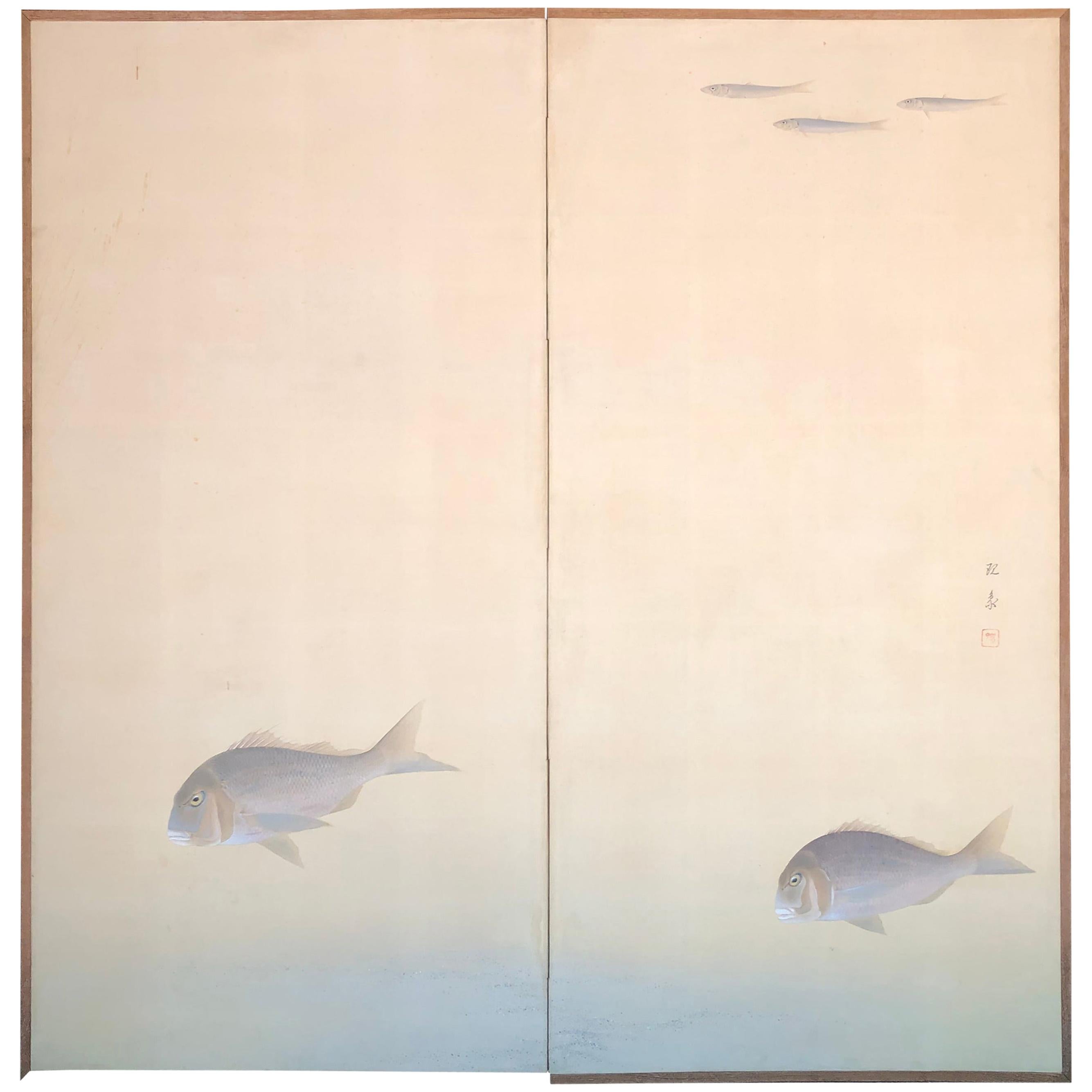 Japanese Two-Panel Screen With Serene Fish