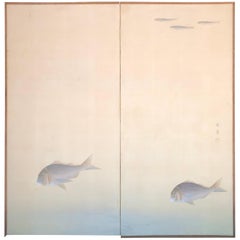 Japanese Two-Panel Screen With Serene Fish