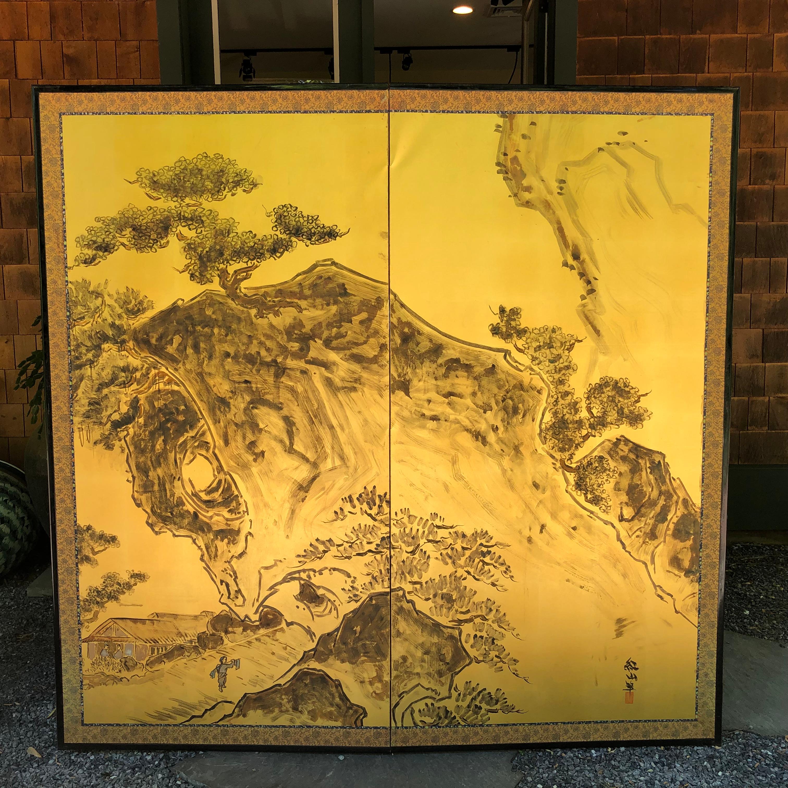 Japanese Gold Two Panel Screen Mountain Tea House Retreat 6