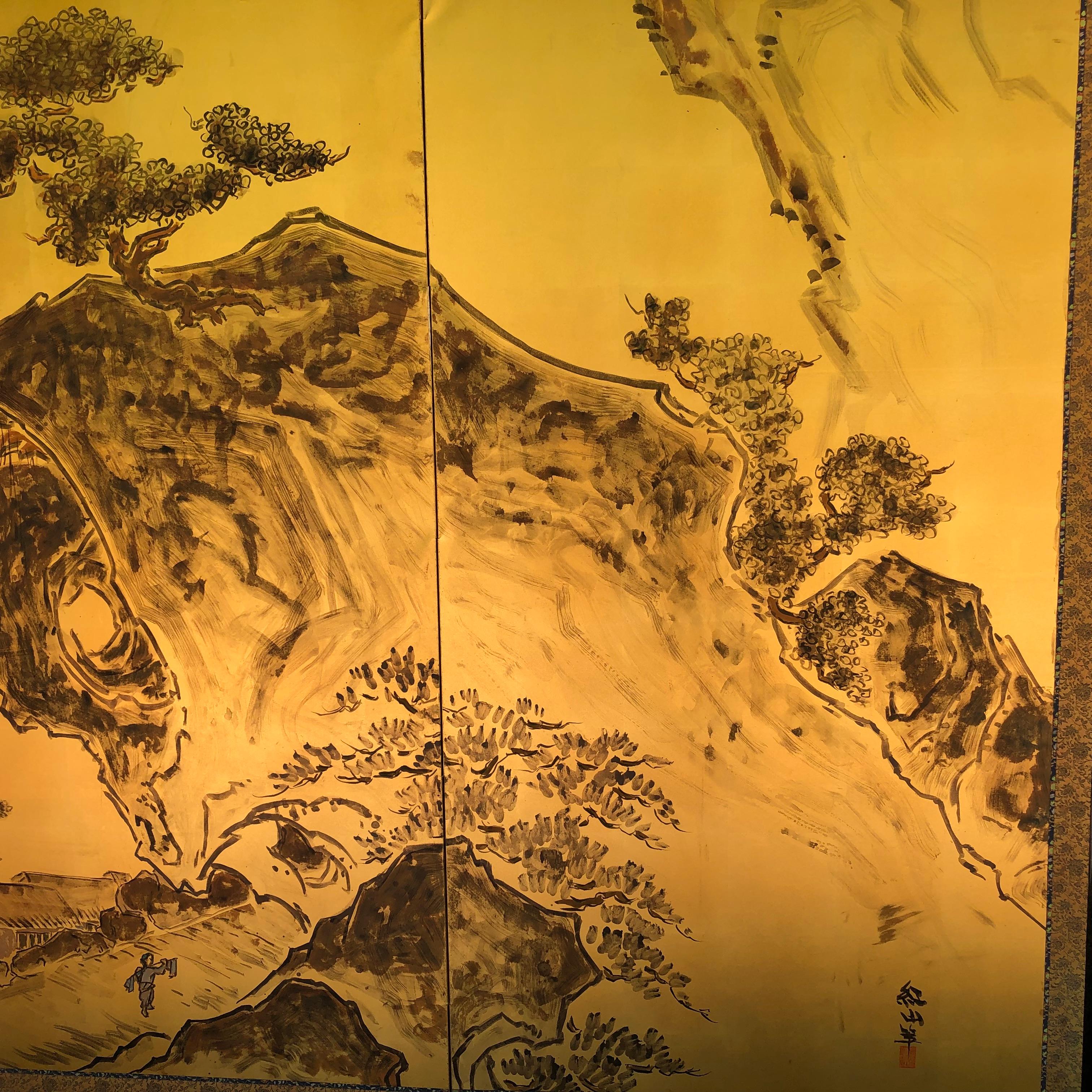 Japanese Gold Two Panel Screen Mountain Tea House Retreat 1