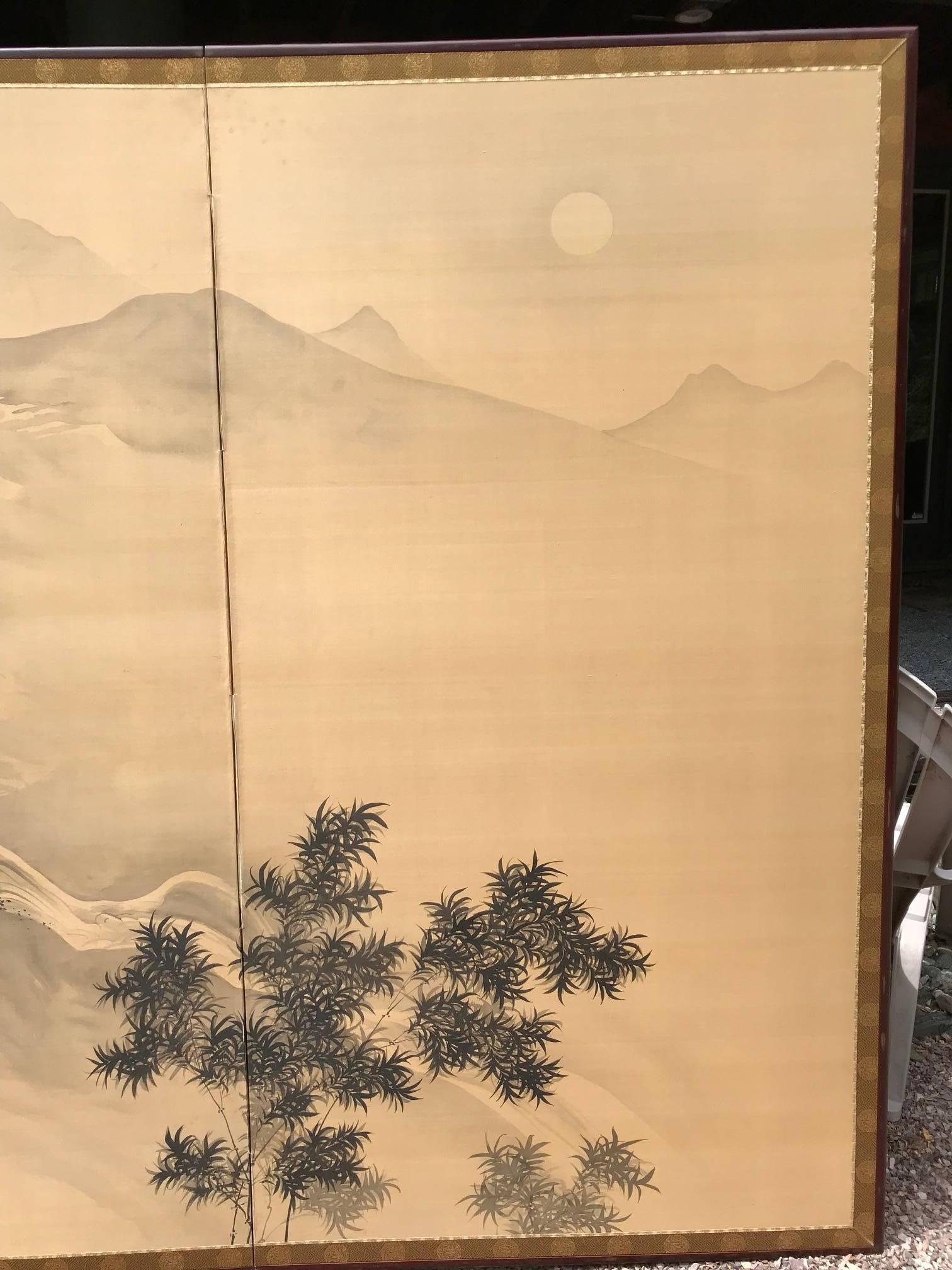 Taisho Japanese Antique Peaceful Zen Screen, Moon Light, Misty Mountains & Water Fall