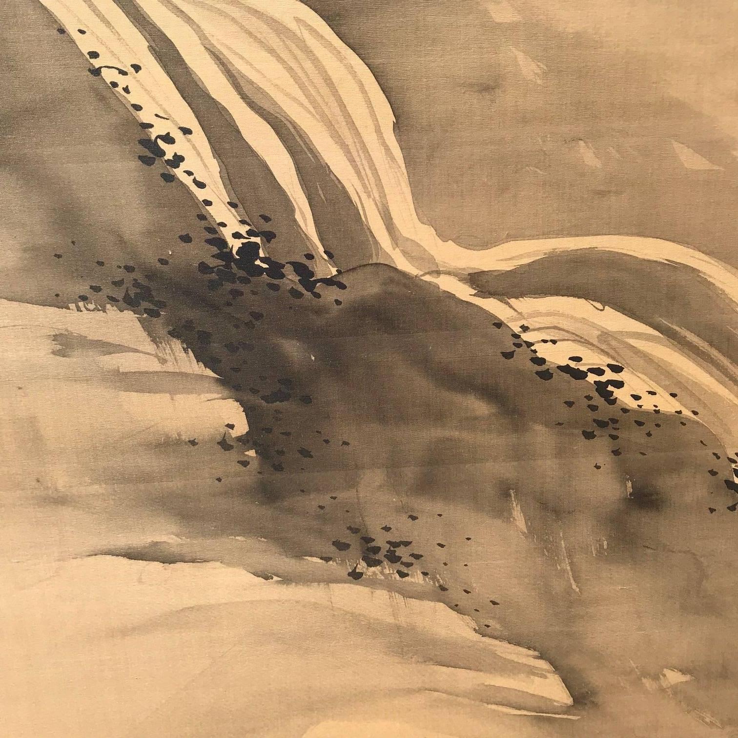 20th Century Japanese Antique Peaceful Zen Screen, Moon Light, Misty Mountains & Water Fall