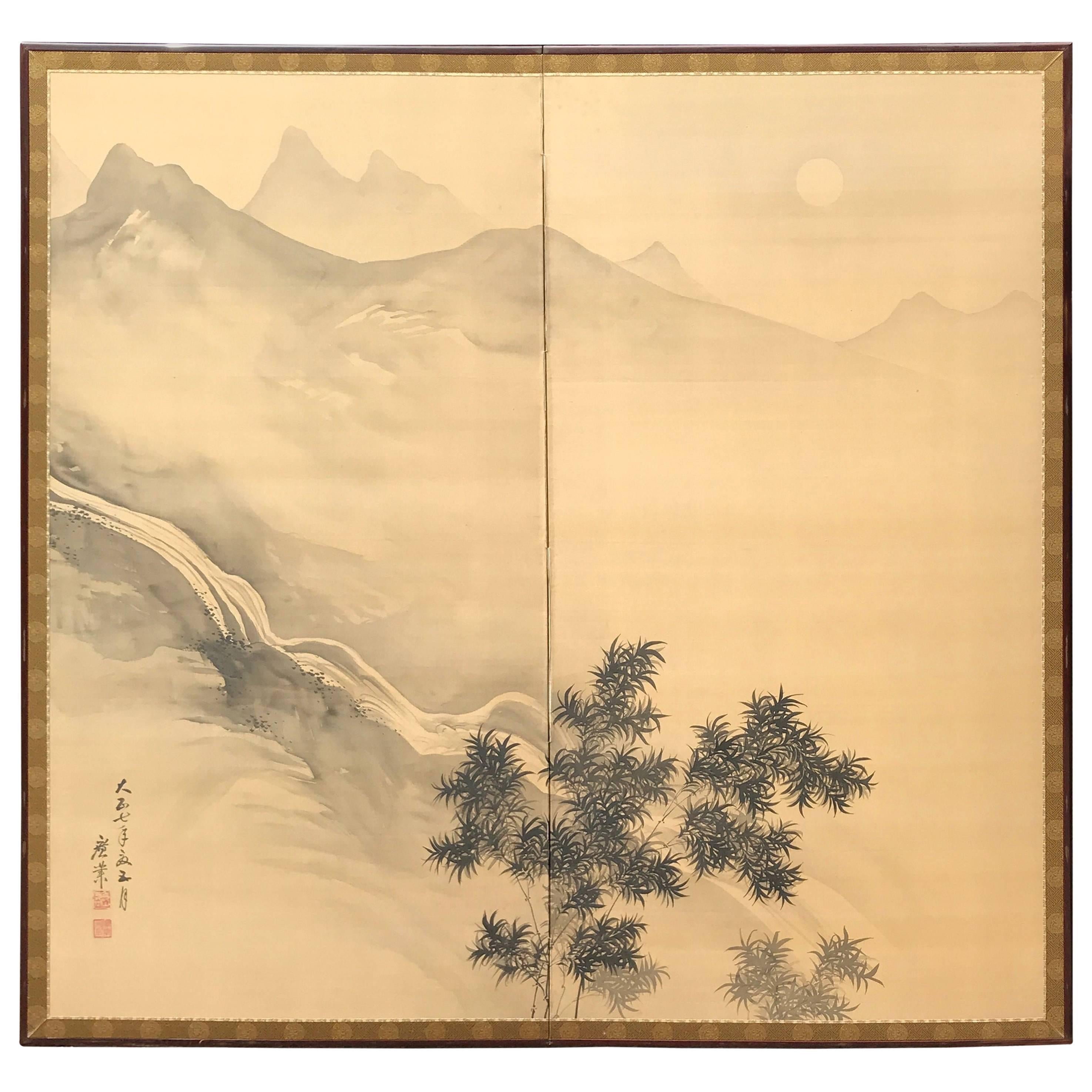 Japanese Antique Peaceful Zen Screen, Moon Light, Misty Mountains & Water Fall