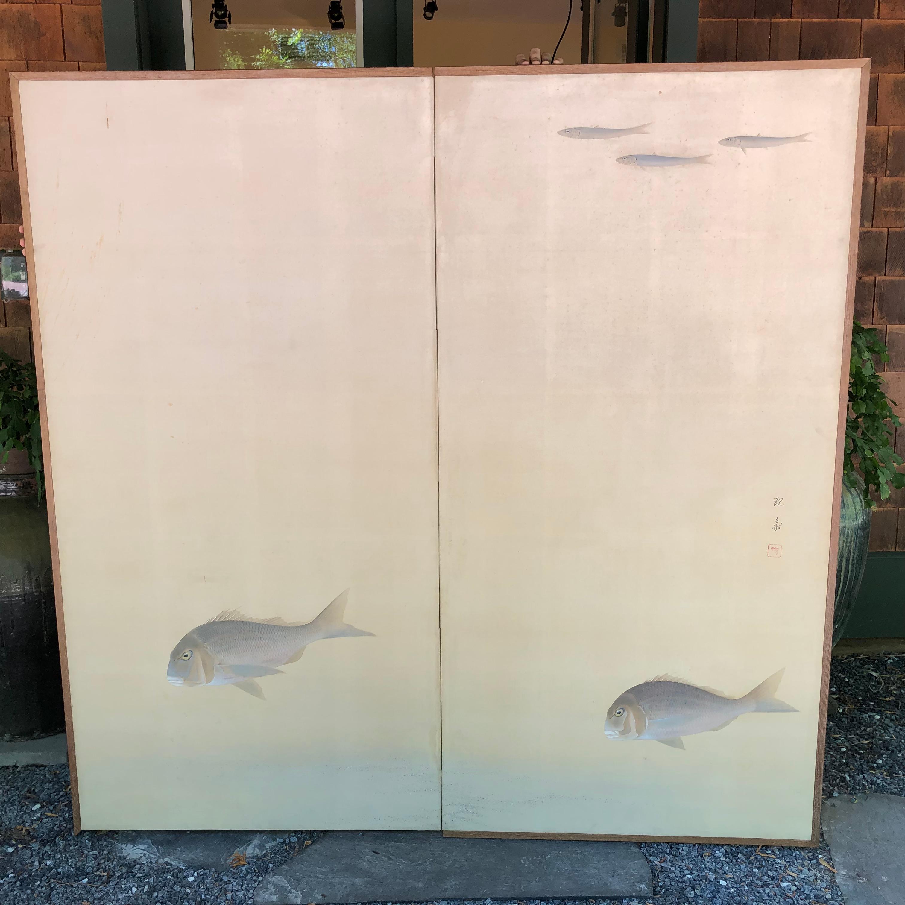 Japanese Two-Panel Screen With Serene Fish 4