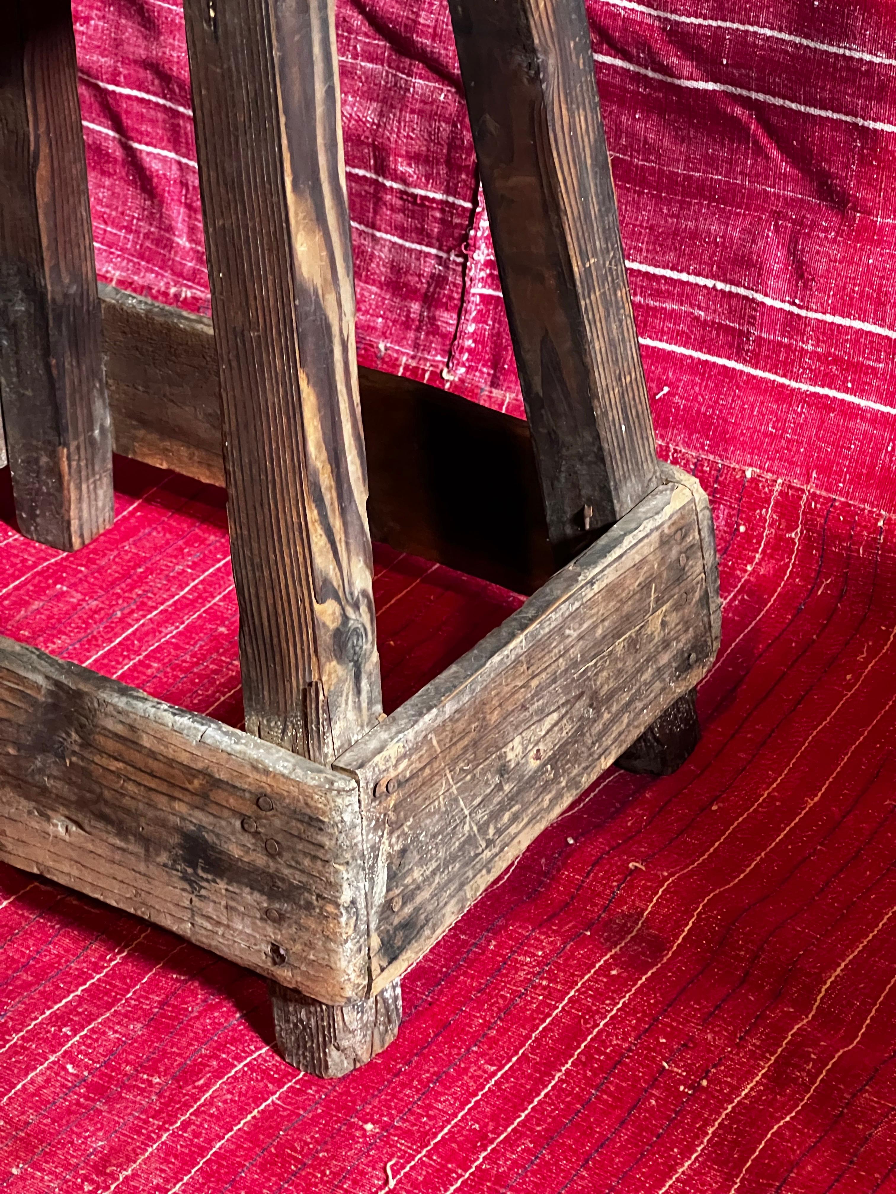 Hand-Carved Japanese antique pine stool 1800, handcrafted unique For Sale