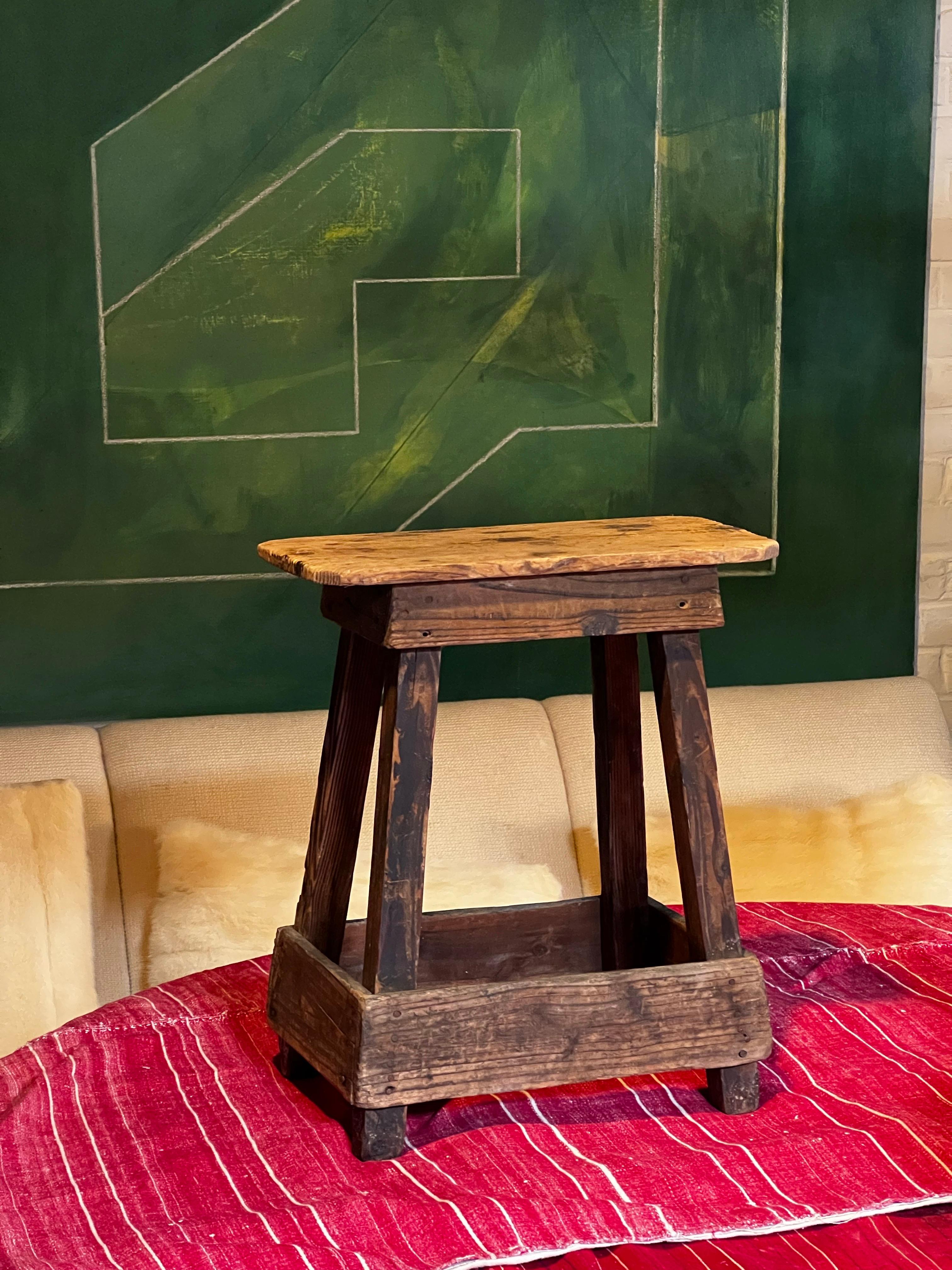19th Century Japanese antique pine stool 1800, handcrafted unique For Sale