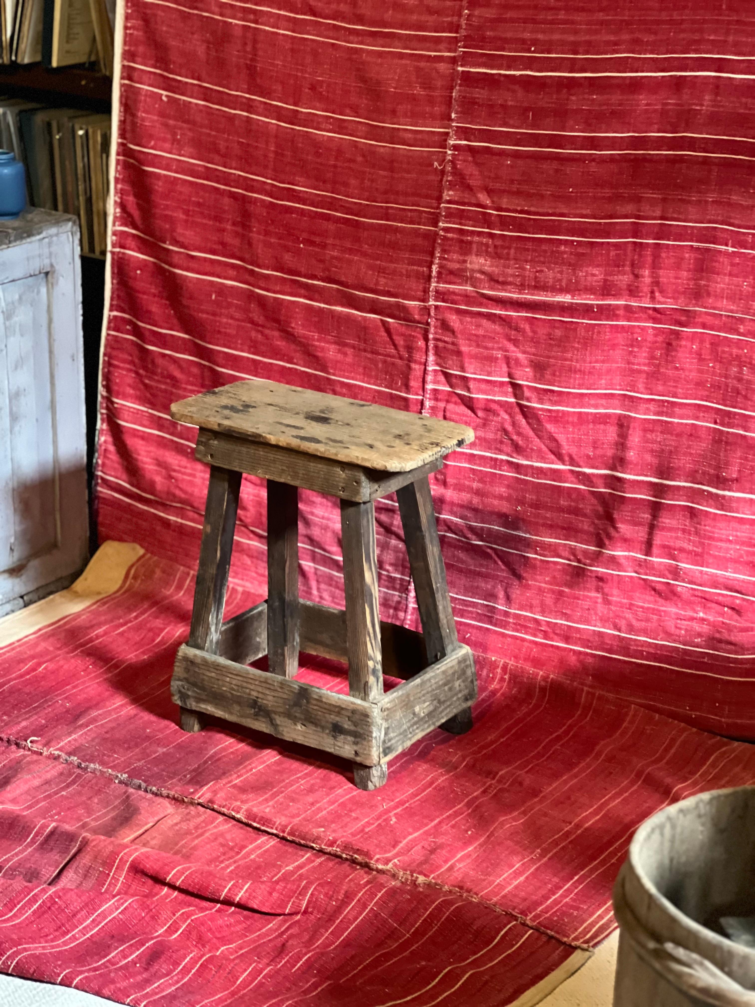 Pine Japanese antique pine stool 1800, handcrafted unique For Sale