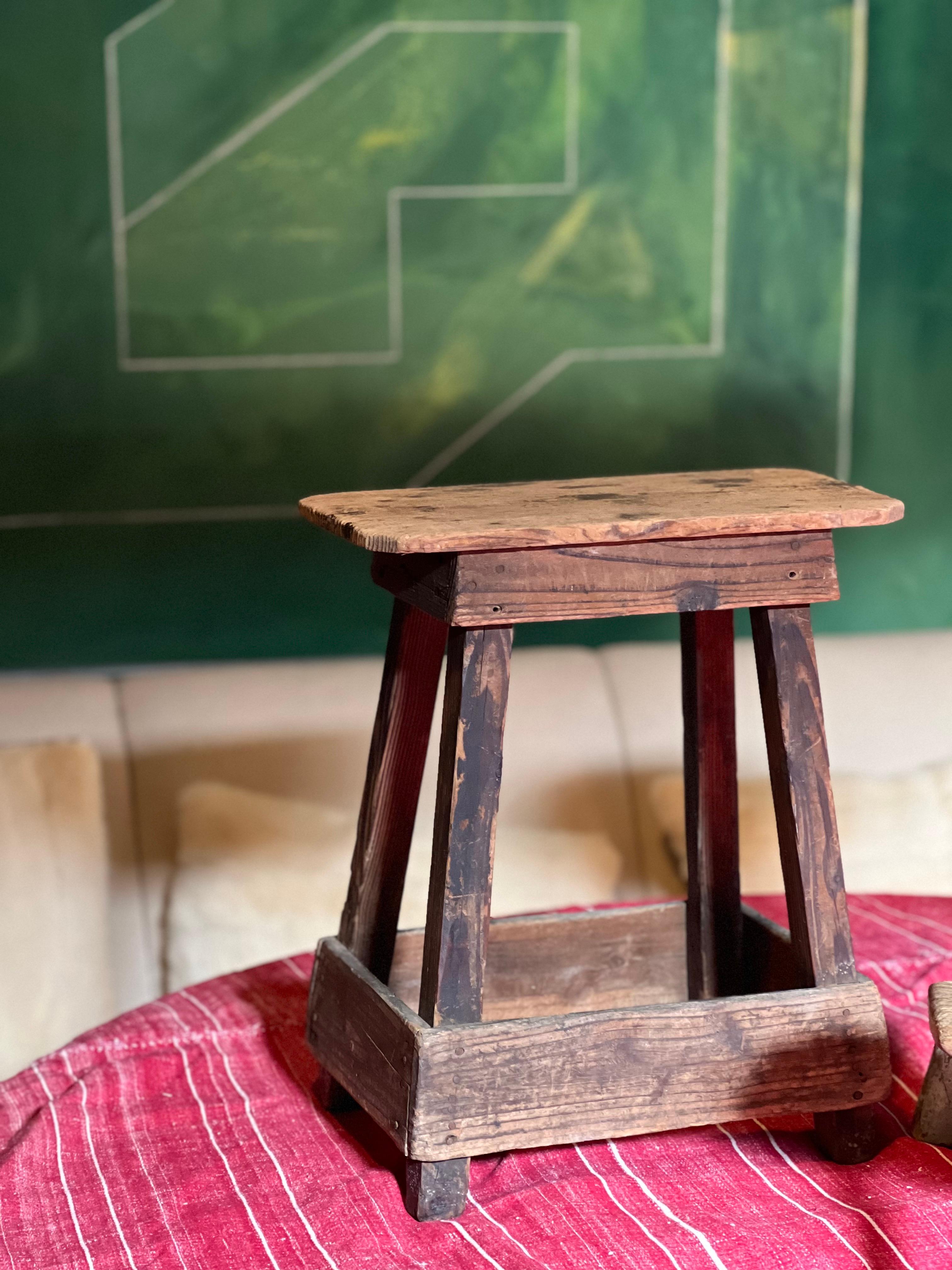 Japanese antique pine stool 1800, handcrafted unique For Sale 1