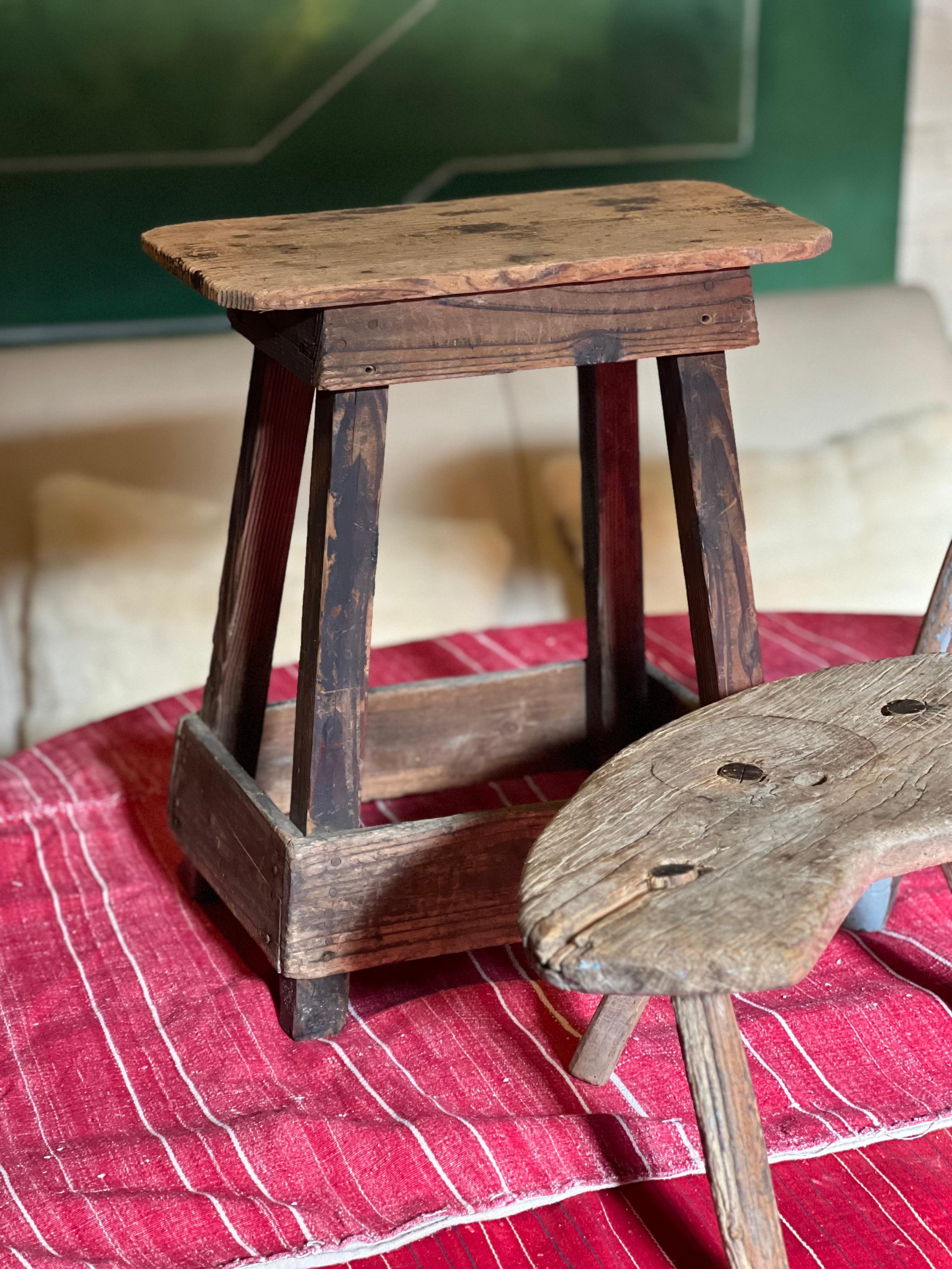 Japanese antique pine stool 1800, handcrafted unique For Sale 2