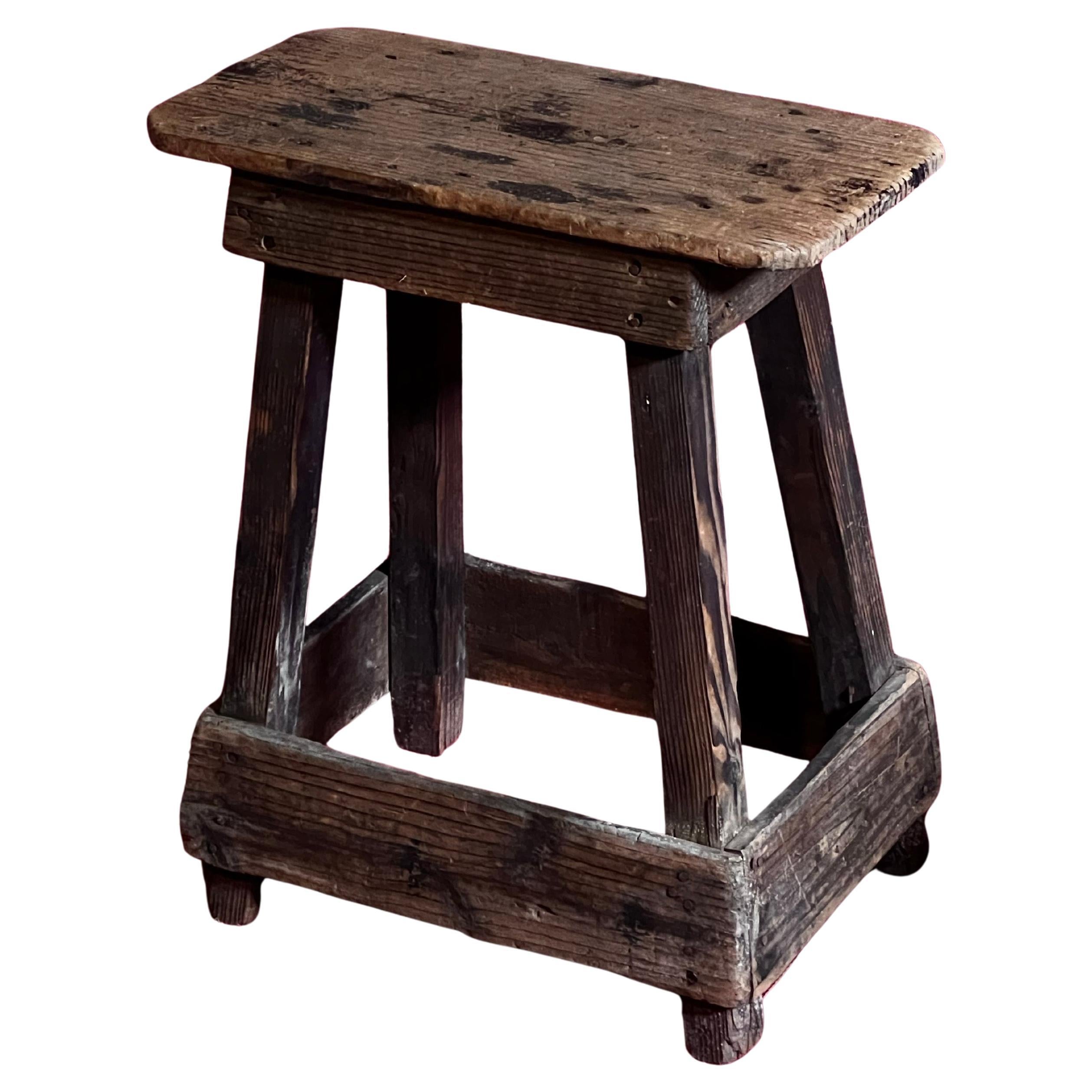 Japanese antique pine stool 1800, handcrafted unique For Sale