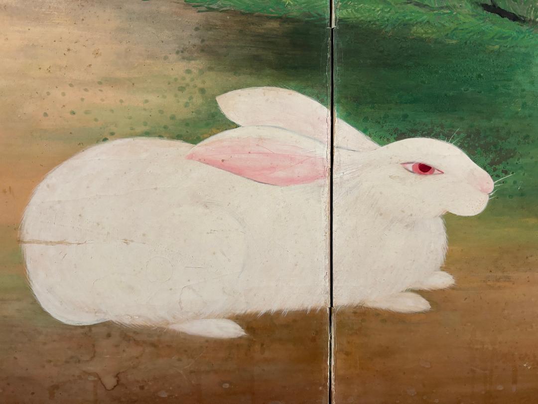 20th Century Japanese Antique Playful Rabbit Family Amidst Flowers Two Panel Screen   For Sale