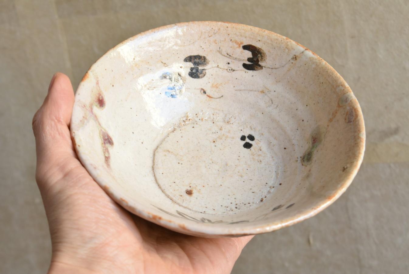 Japanese Antique Pottery Bowl/'Tempo Oribe' Seto Ware/1830-1844/Wabisabi Bowl In Good Condition For Sale In Sammu-shi, Chiba