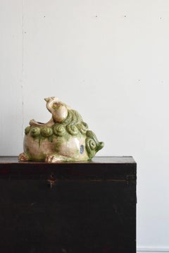 Japanese Antique Pottery Lion Figurine / Hand Roasting / Large Incense Burner