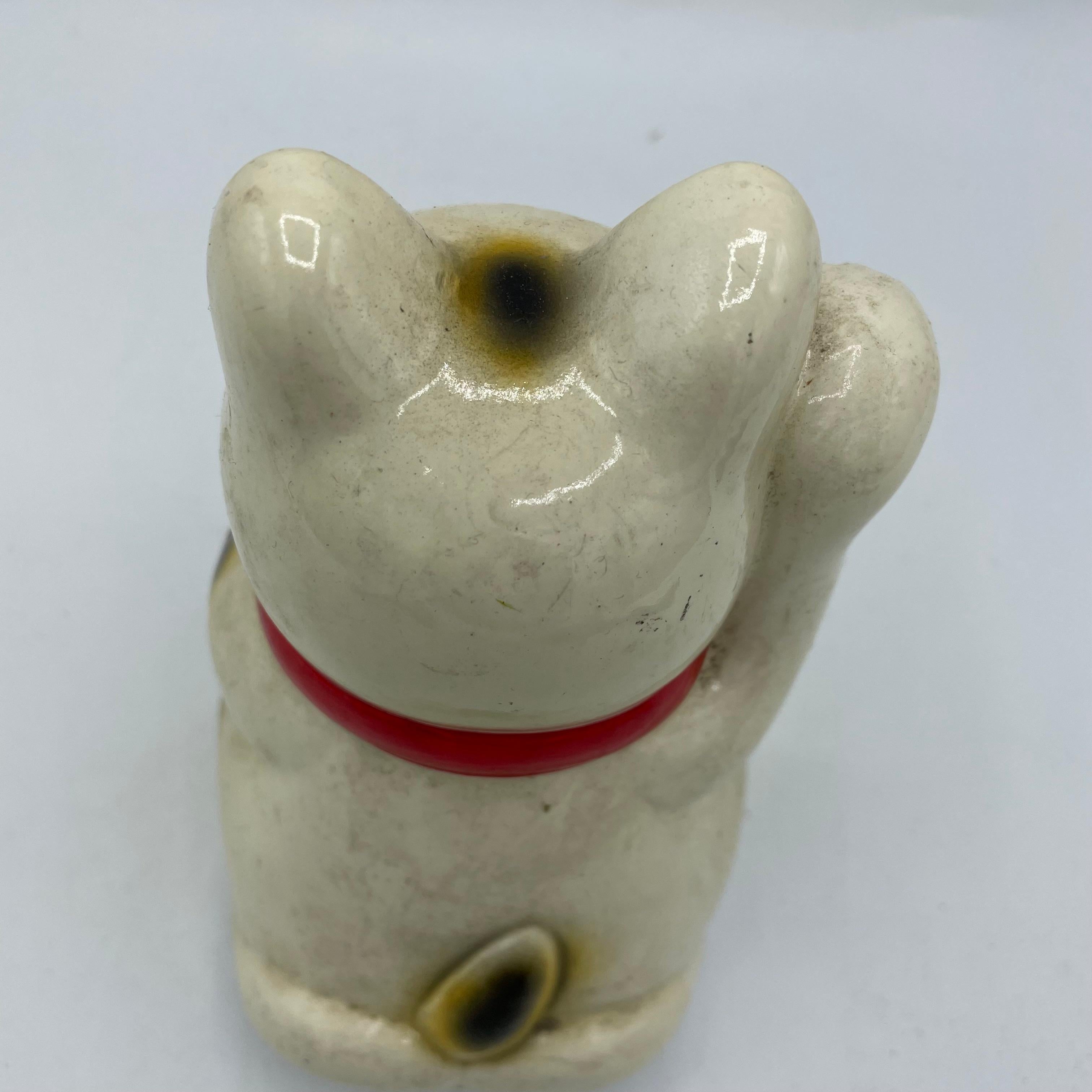 Hand-Painted Japanese Antique Pottery Manekineko Rocking Cat Object 1970s For Sale