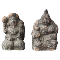 Statua antica giapponese in ceramica "Daikokuten & Ebisu" 1900-1920 / Wabi Sabi