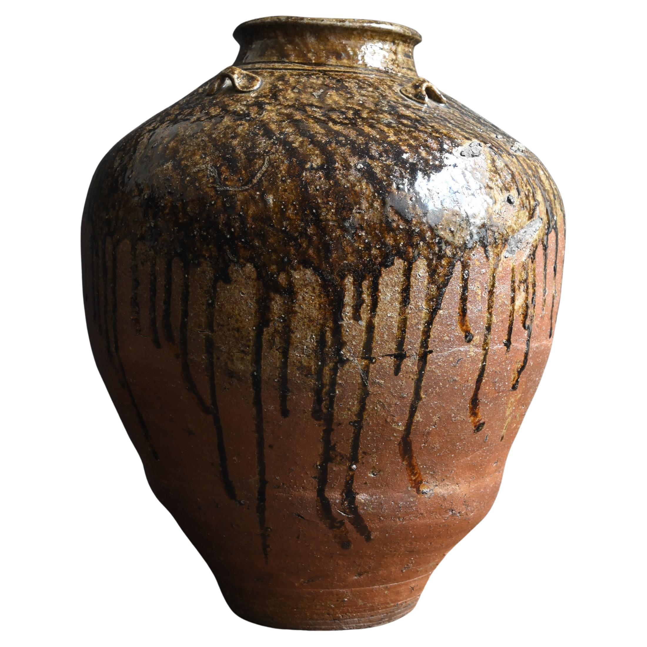 Antigua jarra de cerámica japonesa [Tamba] / Periodo Edo / Década de 1600 / Hermoso vidriado