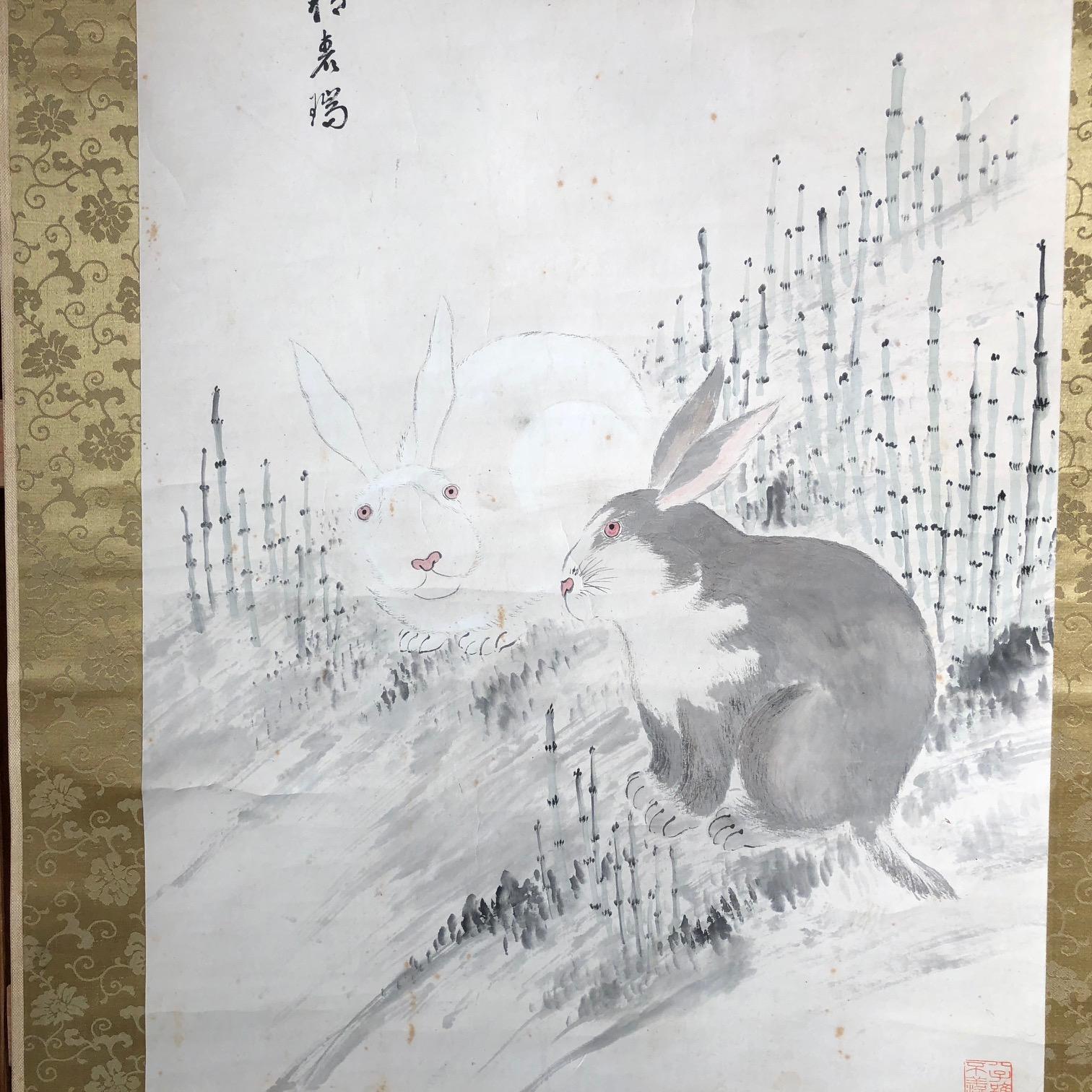 Taisho Japanese Rabbits Hand Painted Scroll