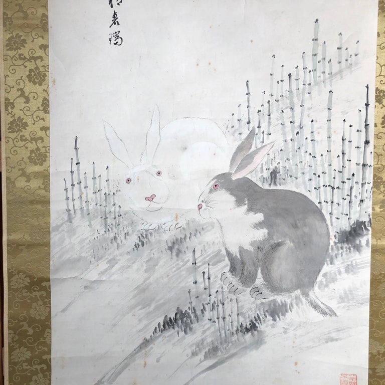 Japanese Rabbits Hand Painted Scroll at 1stDibs
