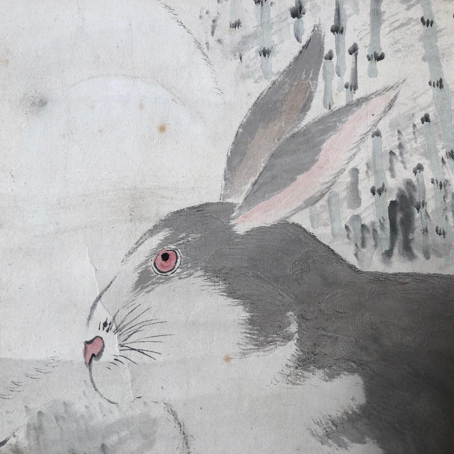 20th Century Japanese Rabbits Hand Painted Scroll