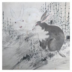 Japanese Rabbits Hand Painted Scroll