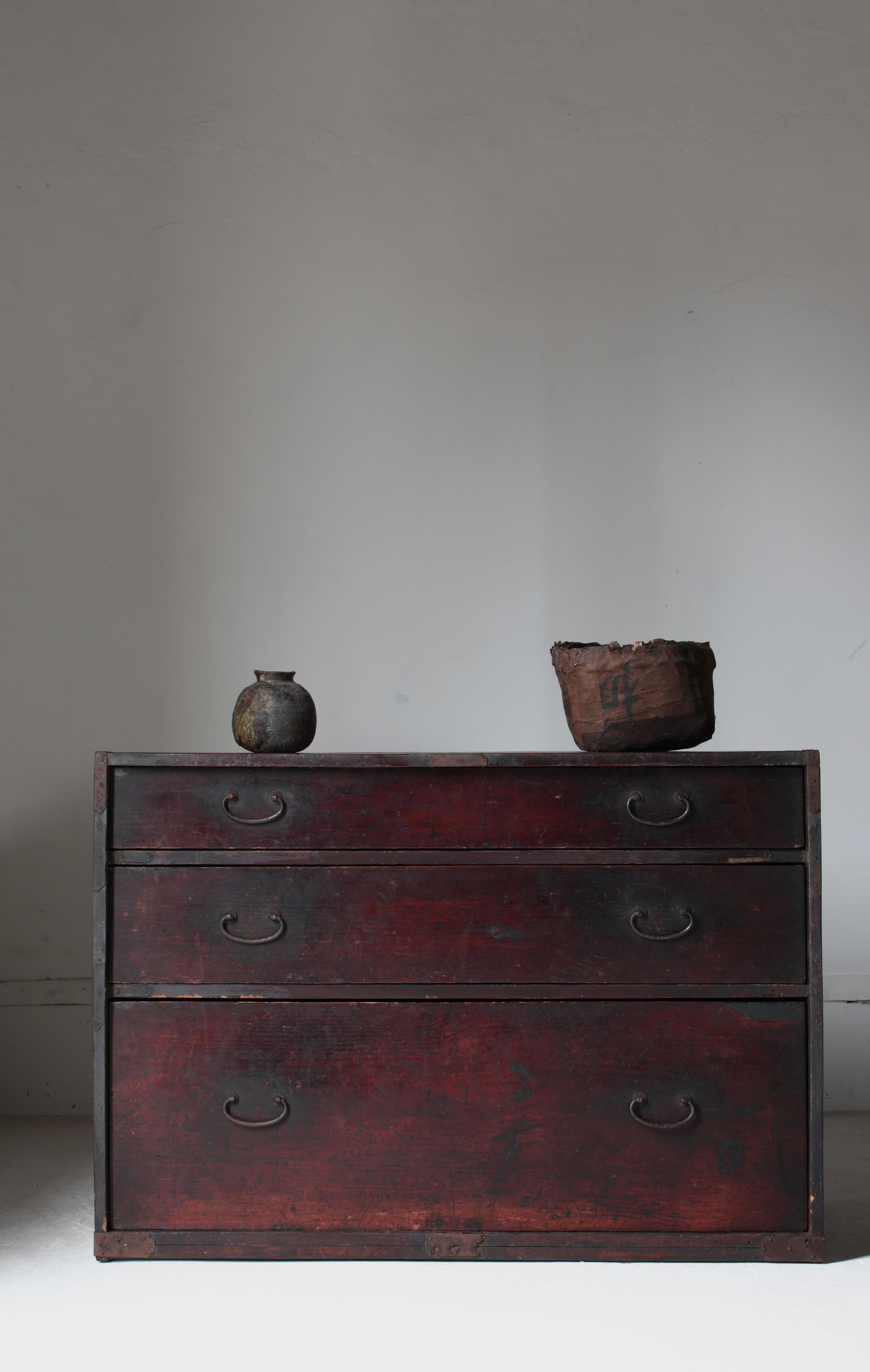 Meiji Japanese Antique Red and Black Tansu / Cabinet / 1868-1912s / Wabi-Sabi Mingei For Sale