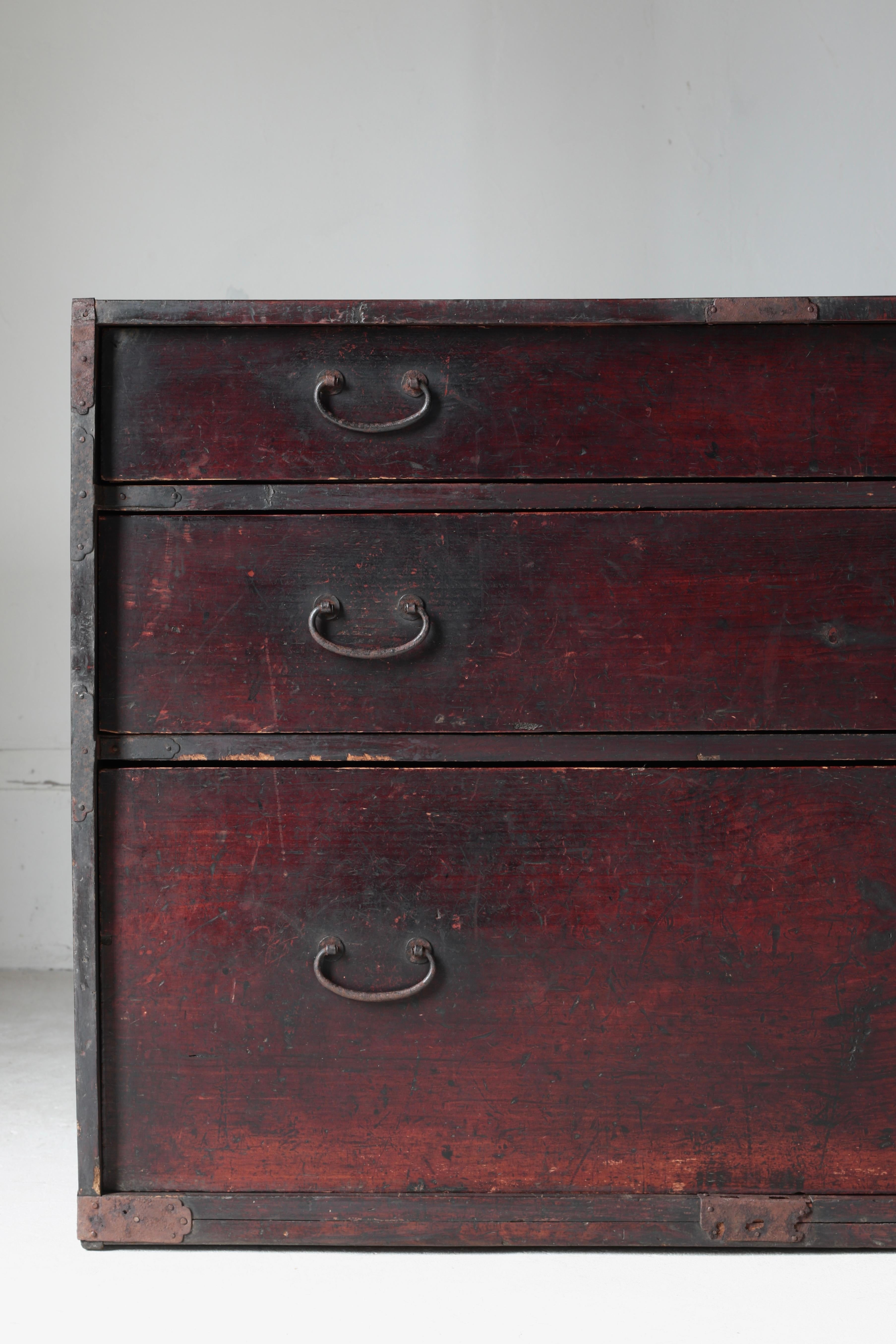 Woodwork Japanese Antique Red and Black Tansu / Cabinet / 1868-1912s / Wabi-Sabi Mingei For Sale