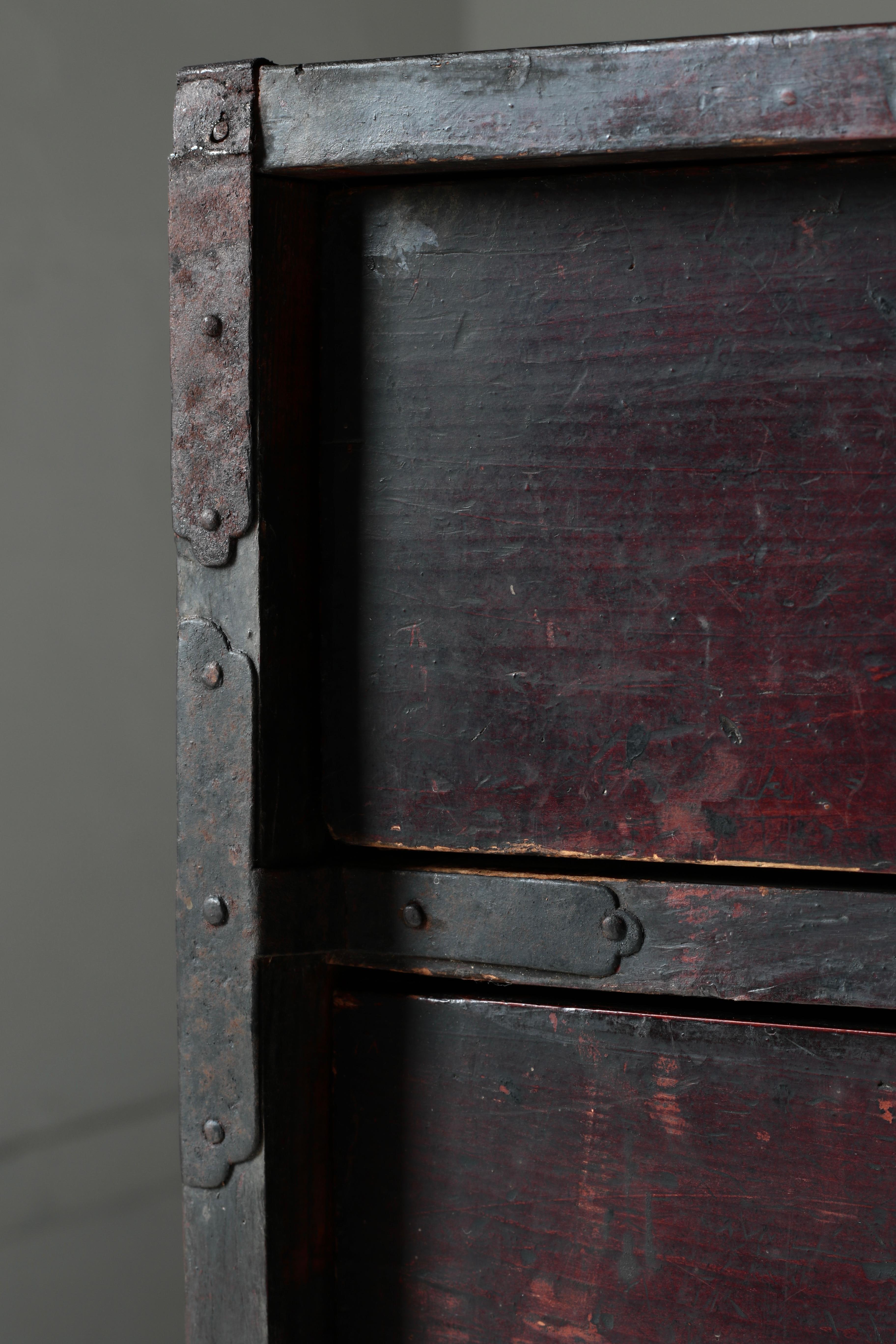 Iron Japanese Antique Red and Black Tansu / Cabinet / 1868-1912s / Wabi-Sabi Mingei For Sale