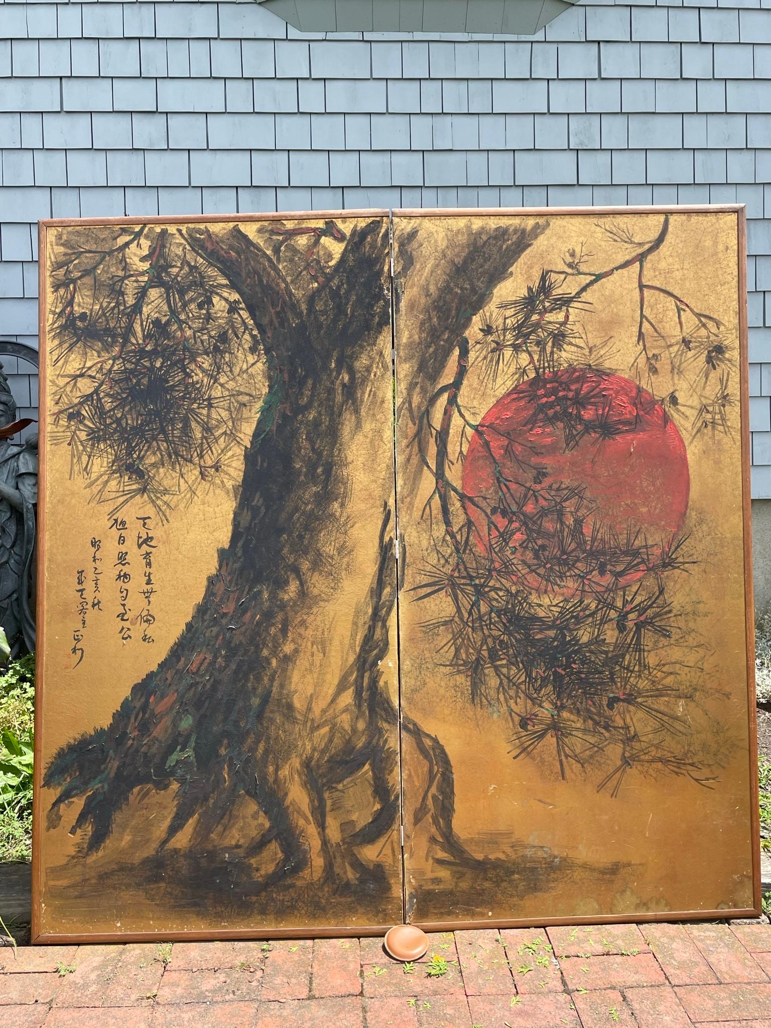 Meiji Japanese Antique Red Moon Hand Painted 2 Panel Screen