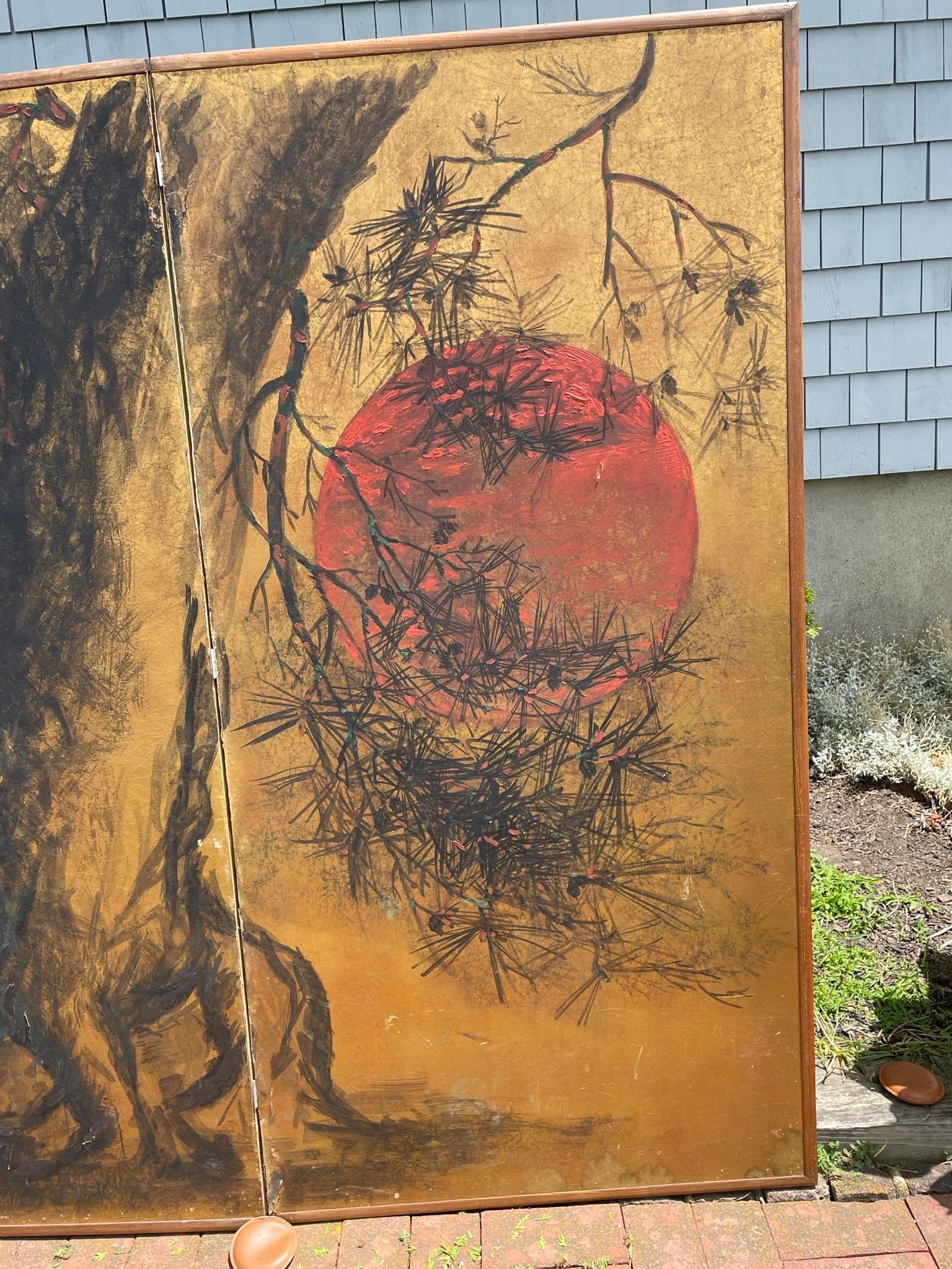 Japanese Antique Red Moon Hand Painted 2 Panel Screen In Good Condition In South Burlington, VT