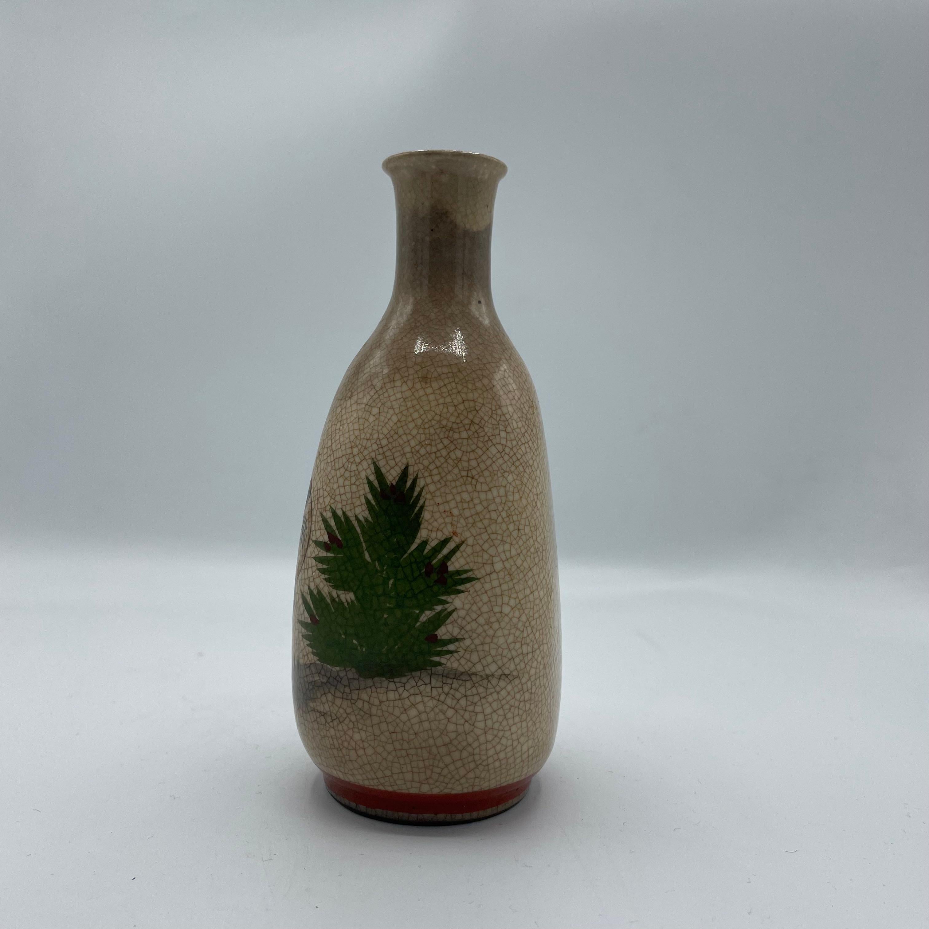 Showa Japanese Antique Sake Bottle with Tsuru Birds 1960s For Sale