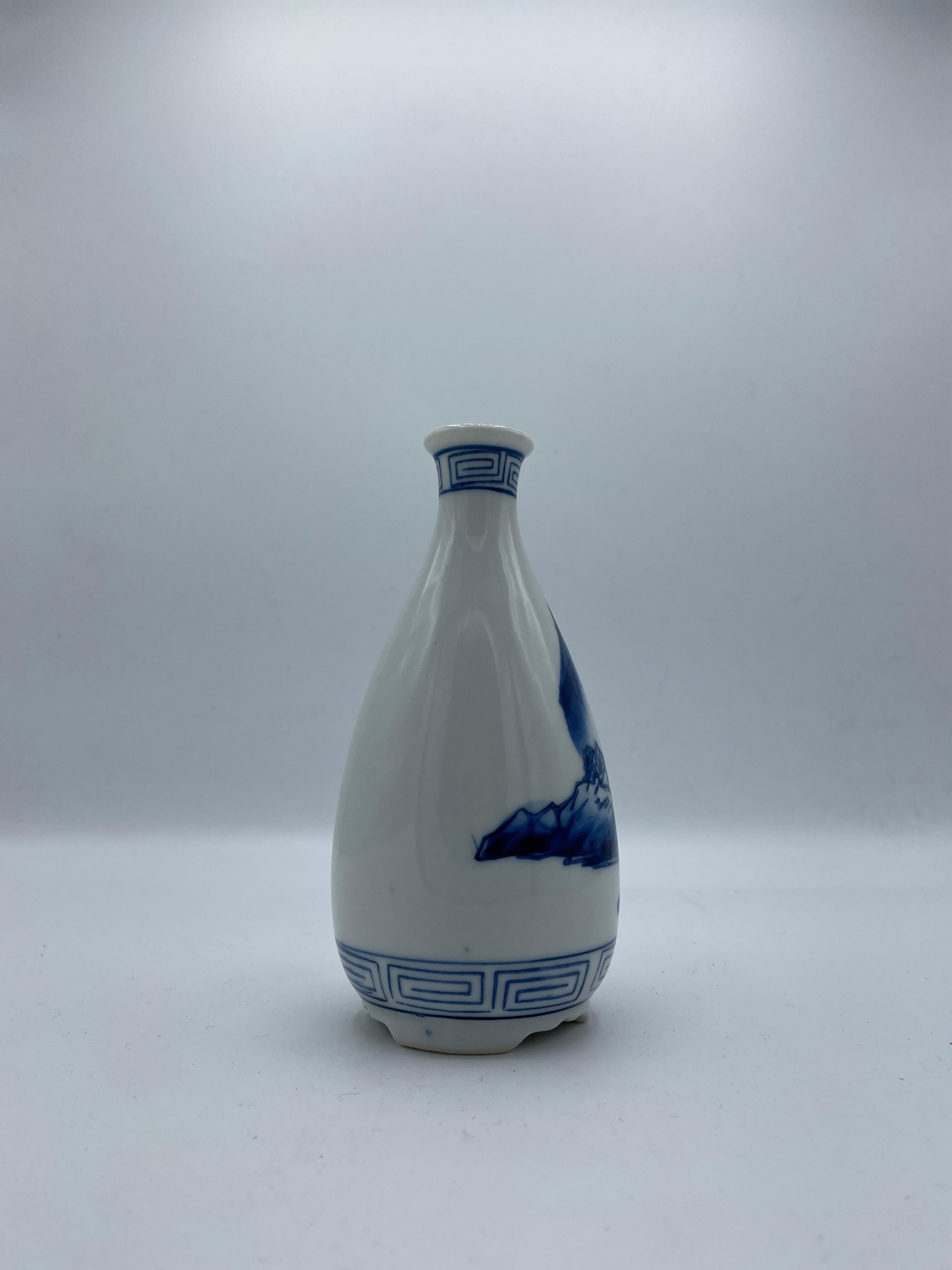 Hand-Painted Japanese Antique Sake Bottole Blue Tokkuri 1940s  For Sale