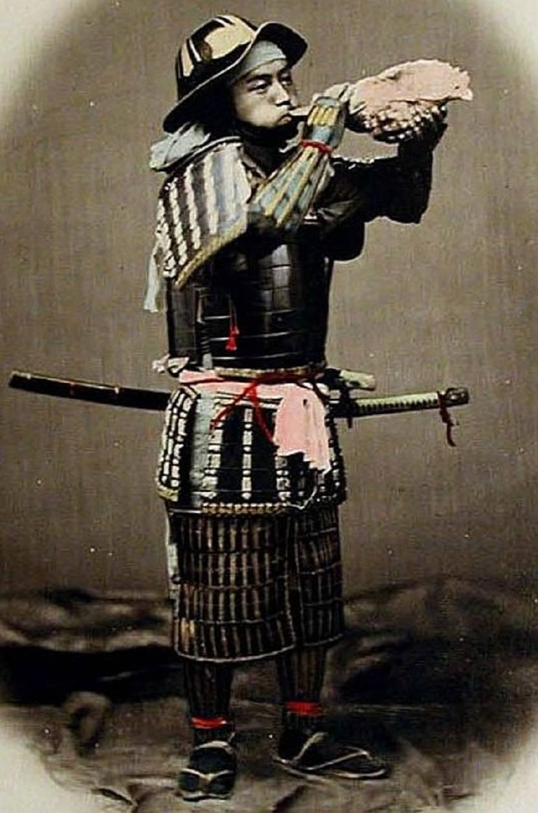Lacquered Japanese Antique Samurai Conch War Trumpet Horagi, Meiji Period
