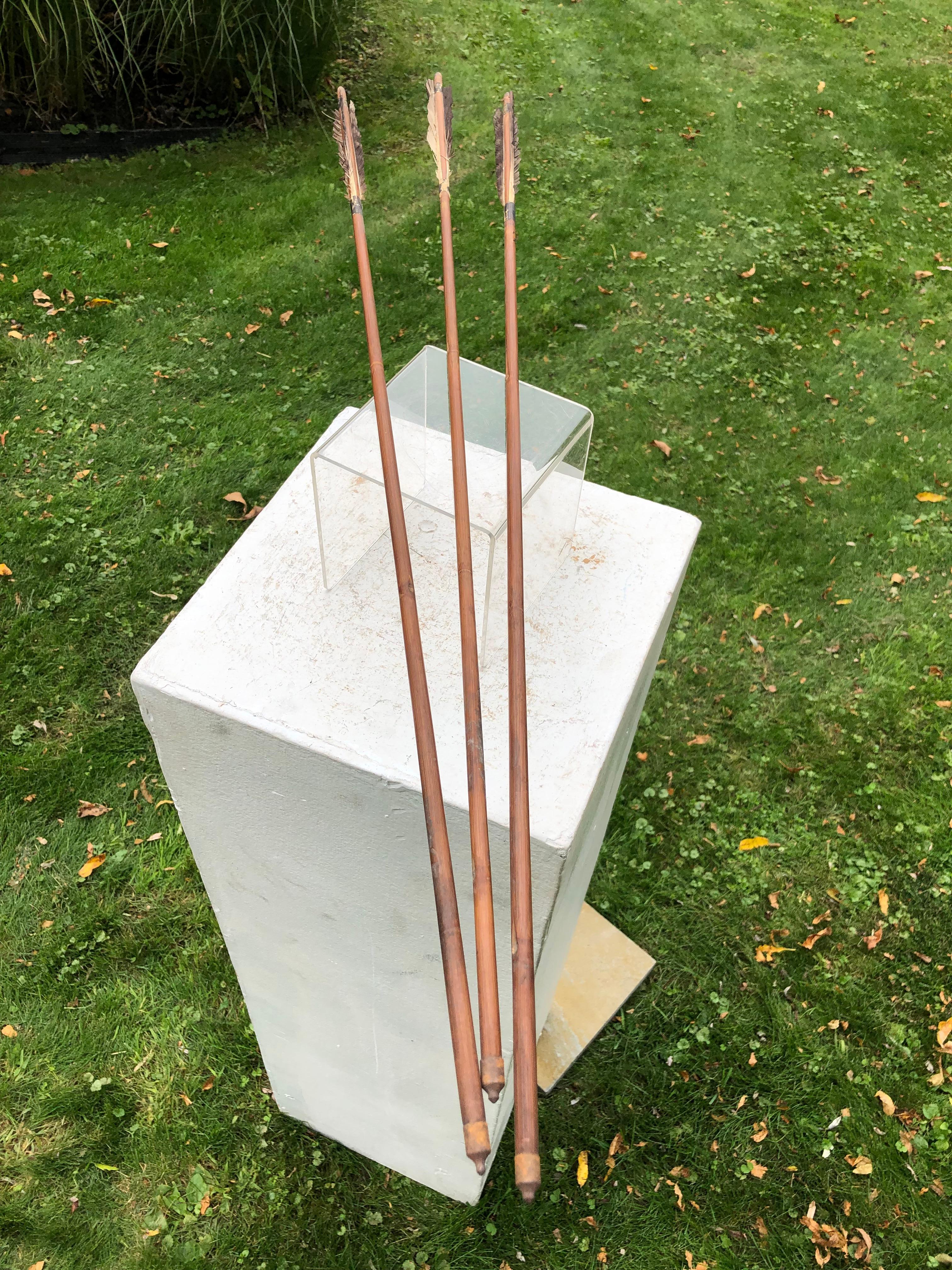 Japanese Antique Samurai Three Carved Bamboo and Iron Arrows, Hard to Find 4